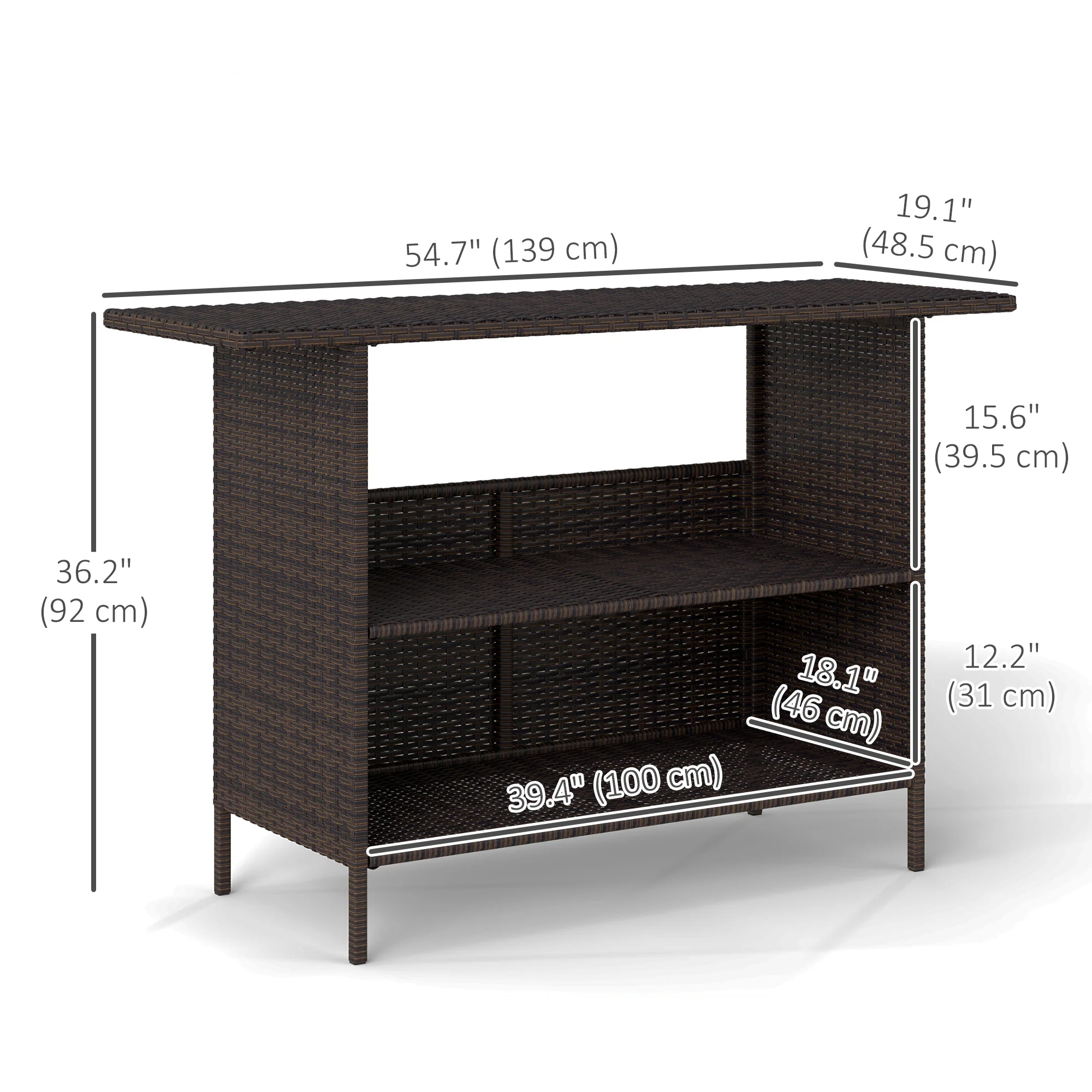 Wicker Outdoor PE Rattan Patio Table with 2 Shelves & Steel Frame, All Weather, Dark Brown - Image 5