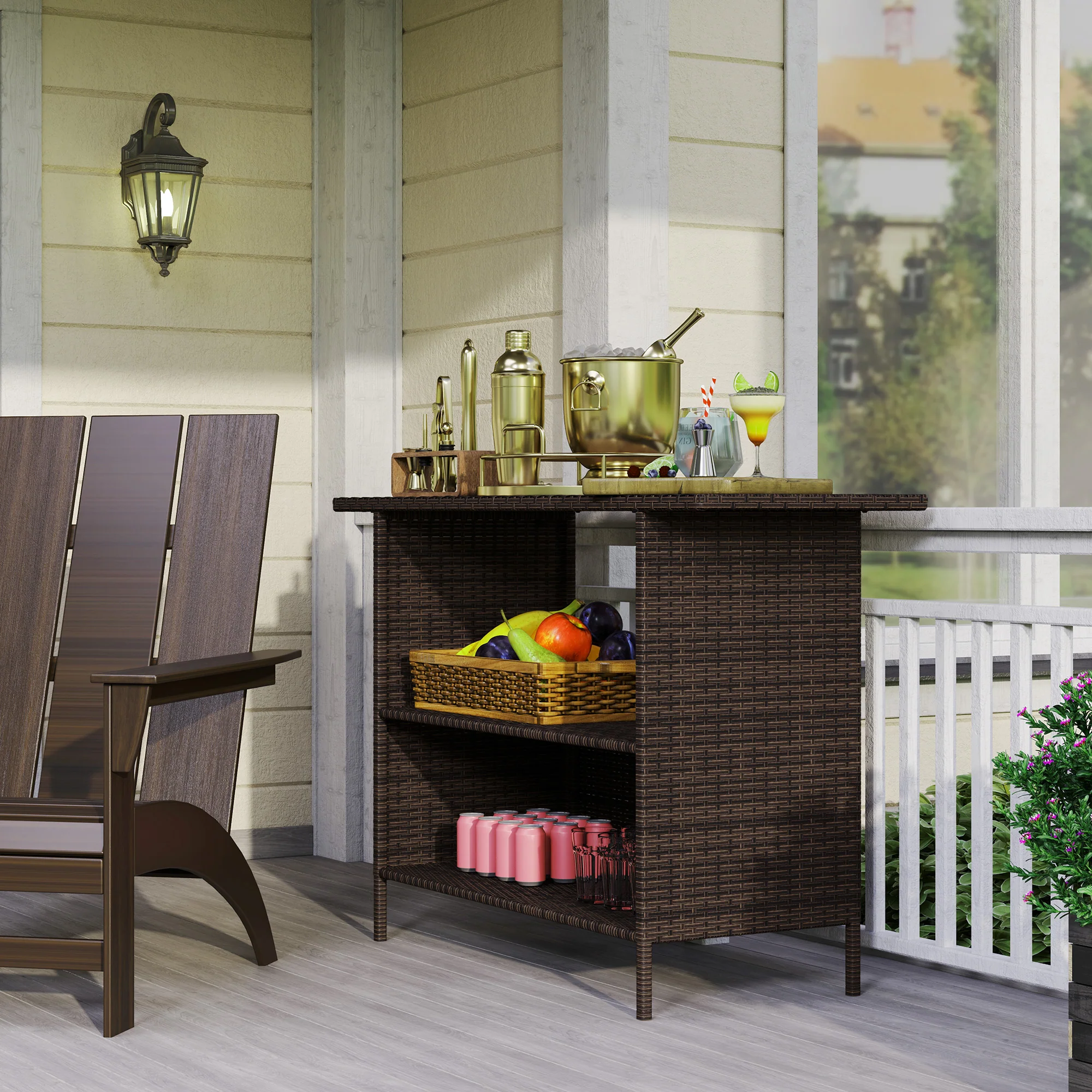 Wicker Outdoor PE Rattan Patio Table with 2 Shelves & Steel Frame, All Weather, Dark Brown - Image 9