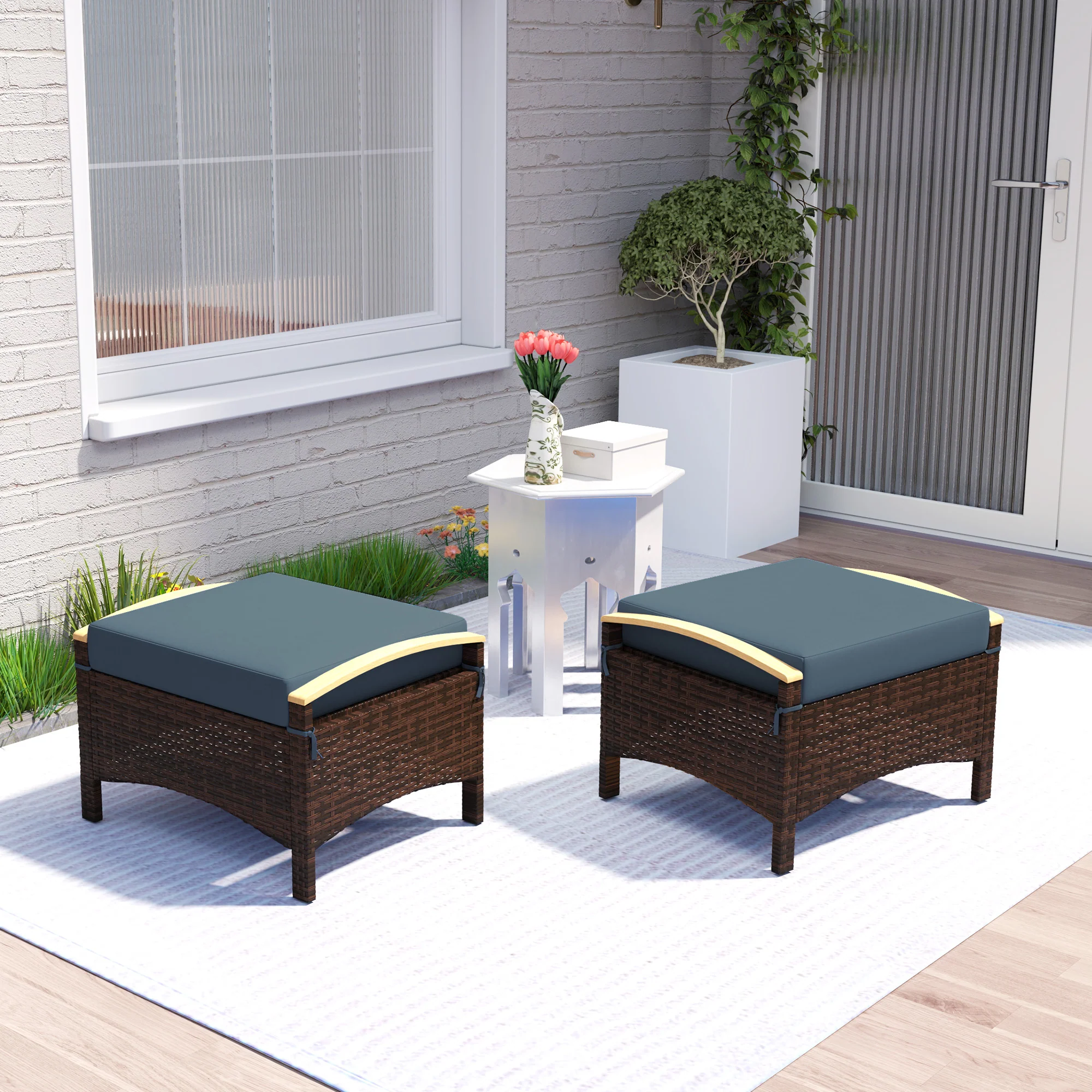 2 PC Outdoor Wicker Ottomans & Footstools with Removable Cushion for Backyard, Navy Blue - Image 10