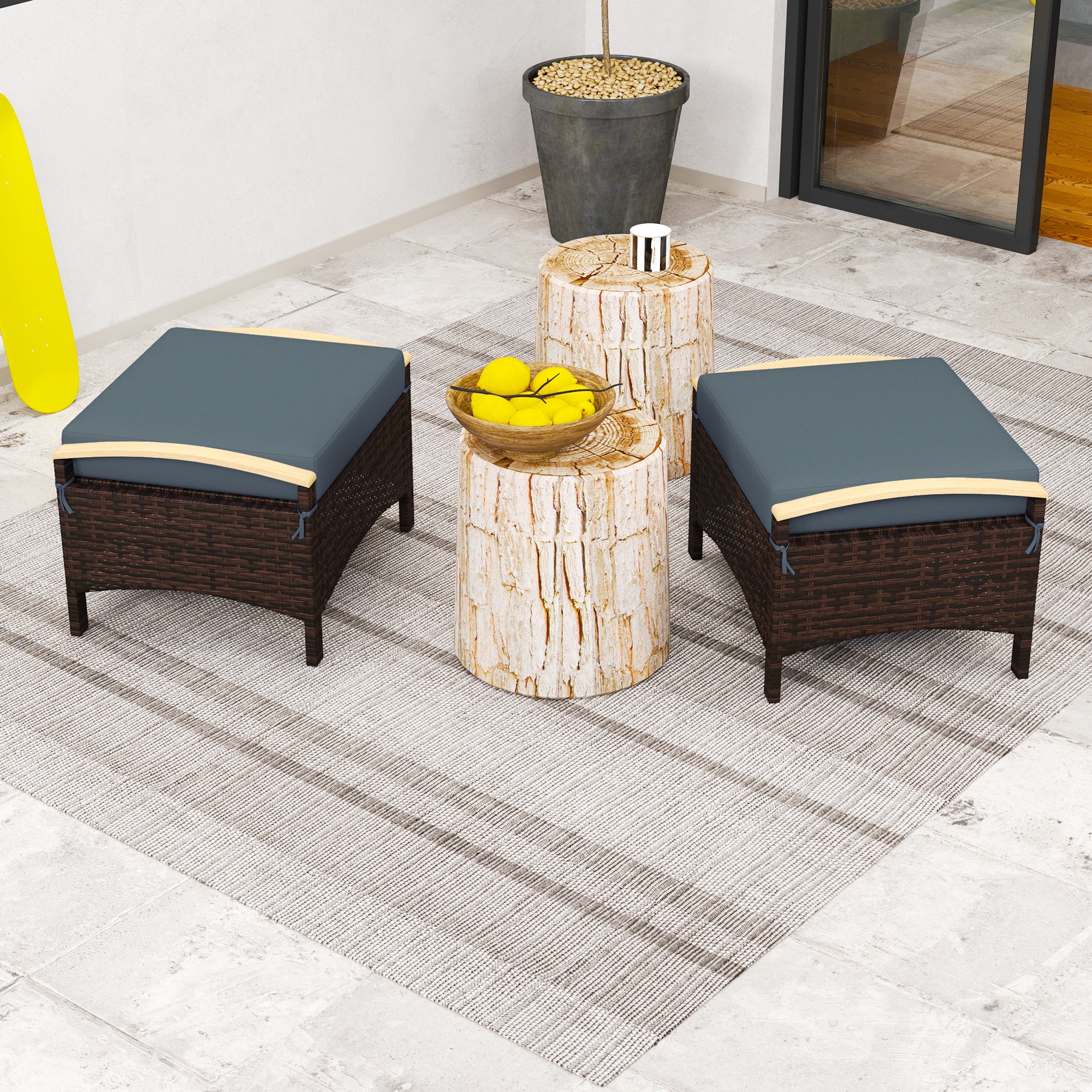 2 PC Outdoor Wicker Ottomans & Footstools with Removable Cushion for Backyard, Navy Blue - Image 11