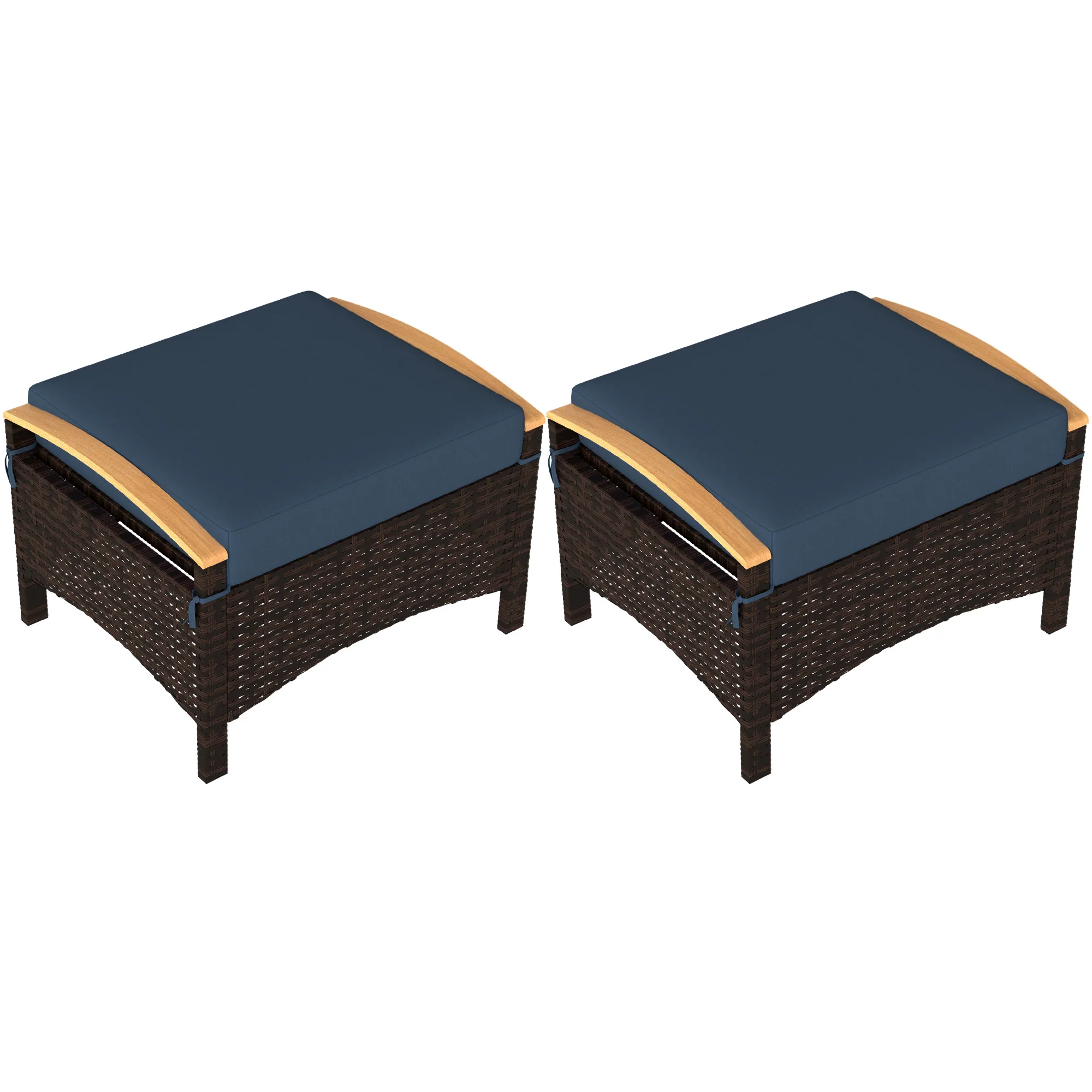 2 PC Outdoor Wicker Ottomans & Footstools with Removable Cushion for Backyard, Navy Blue - Image 12