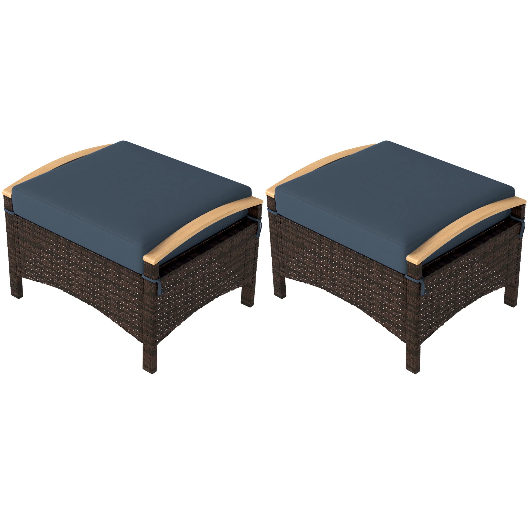 2 PC Outdoor Wicker Ottomans & Footstools with Removable Cushion for Backyard, Navy Blue - Image 2