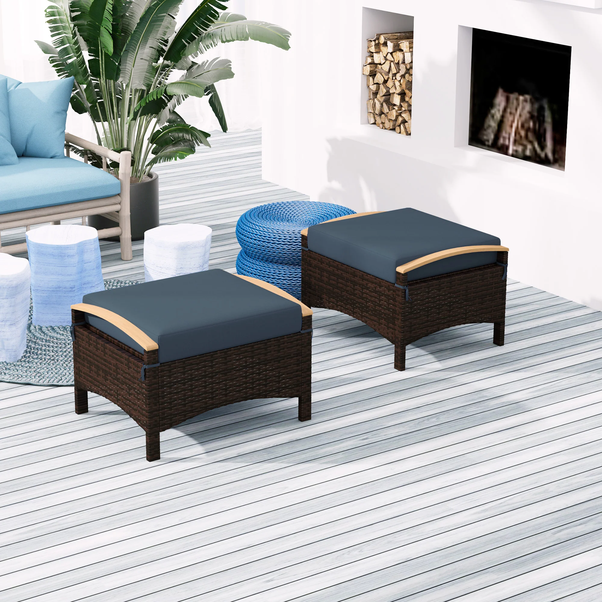 2 PC Outdoor Wicker Ottomans & Footstools with Removable Cushion for Backyard, Navy Blue - Image 3