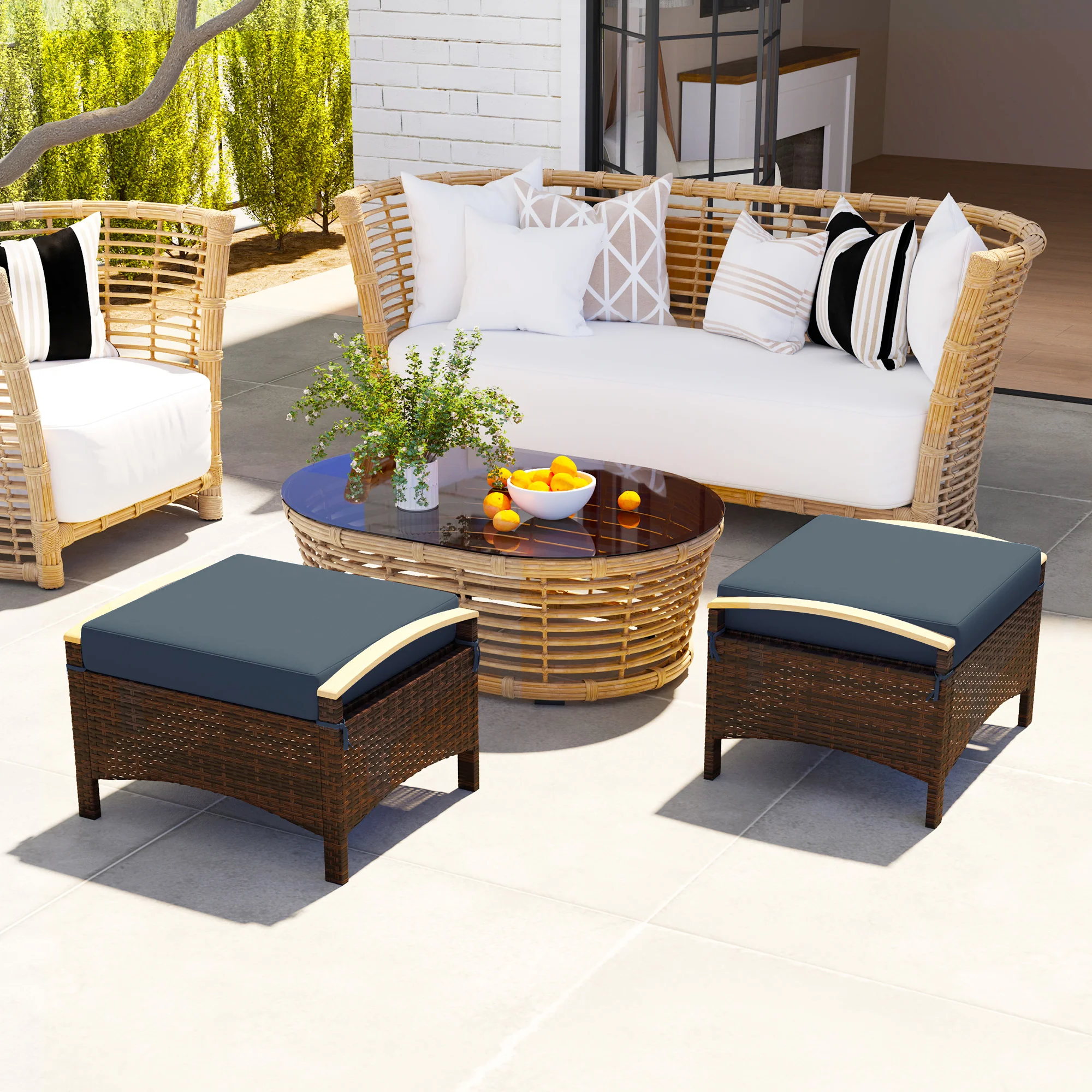 2 PC Outdoor Wicker Ottomans & Footstools with Removable Cushion for Backyard, Navy Blue - Image 4