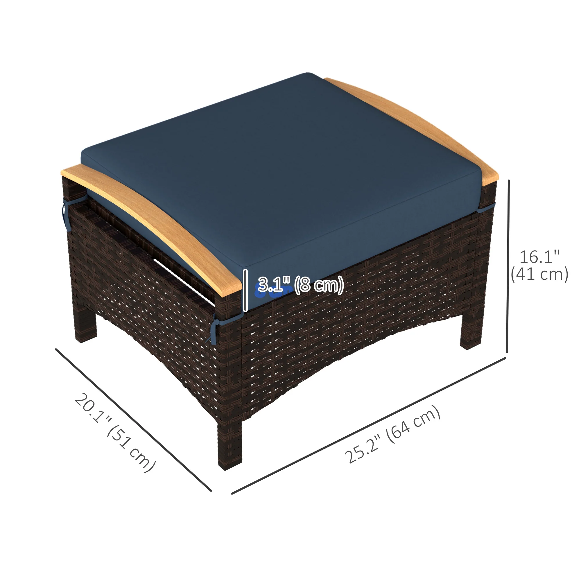 2 PC Outdoor Wicker Ottomans & Footstools with Removable Cushion for Backyard, Navy Blue - Image 5