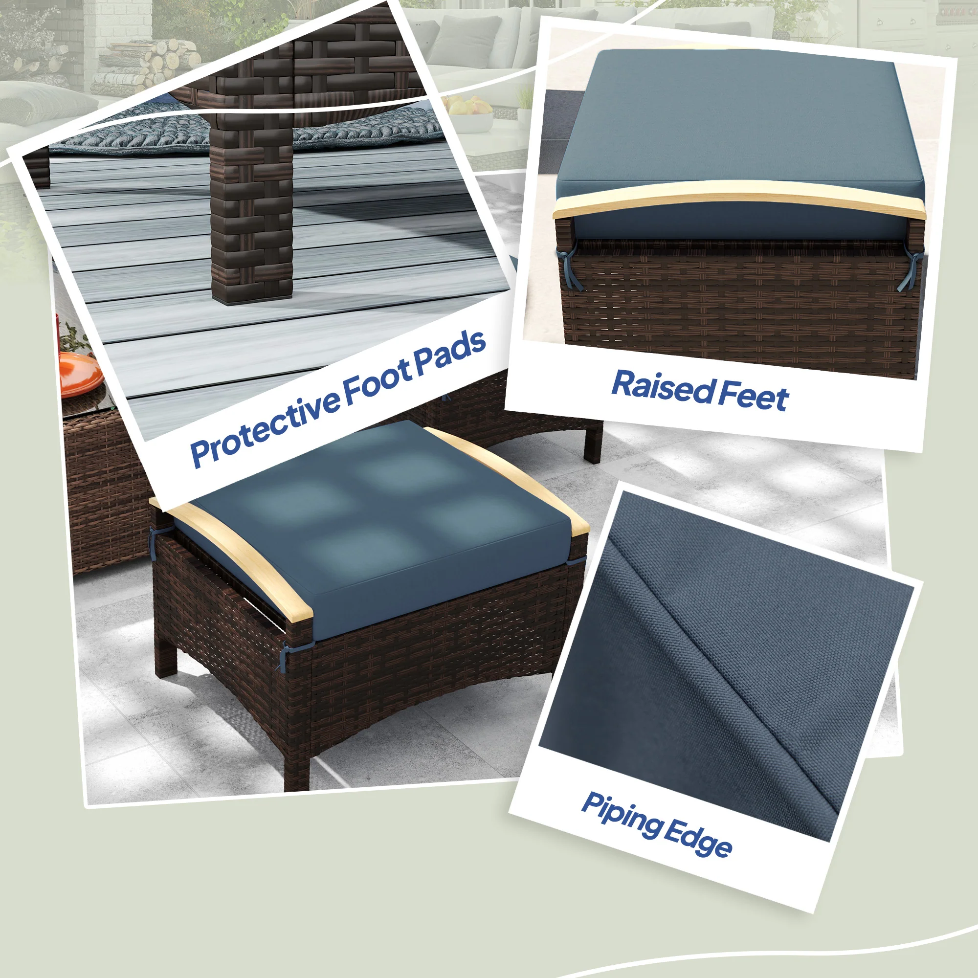 2 PC Outdoor Wicker Ottomans & Footstools with Removable Cushion for Backyard, Navy Blue - Image 7