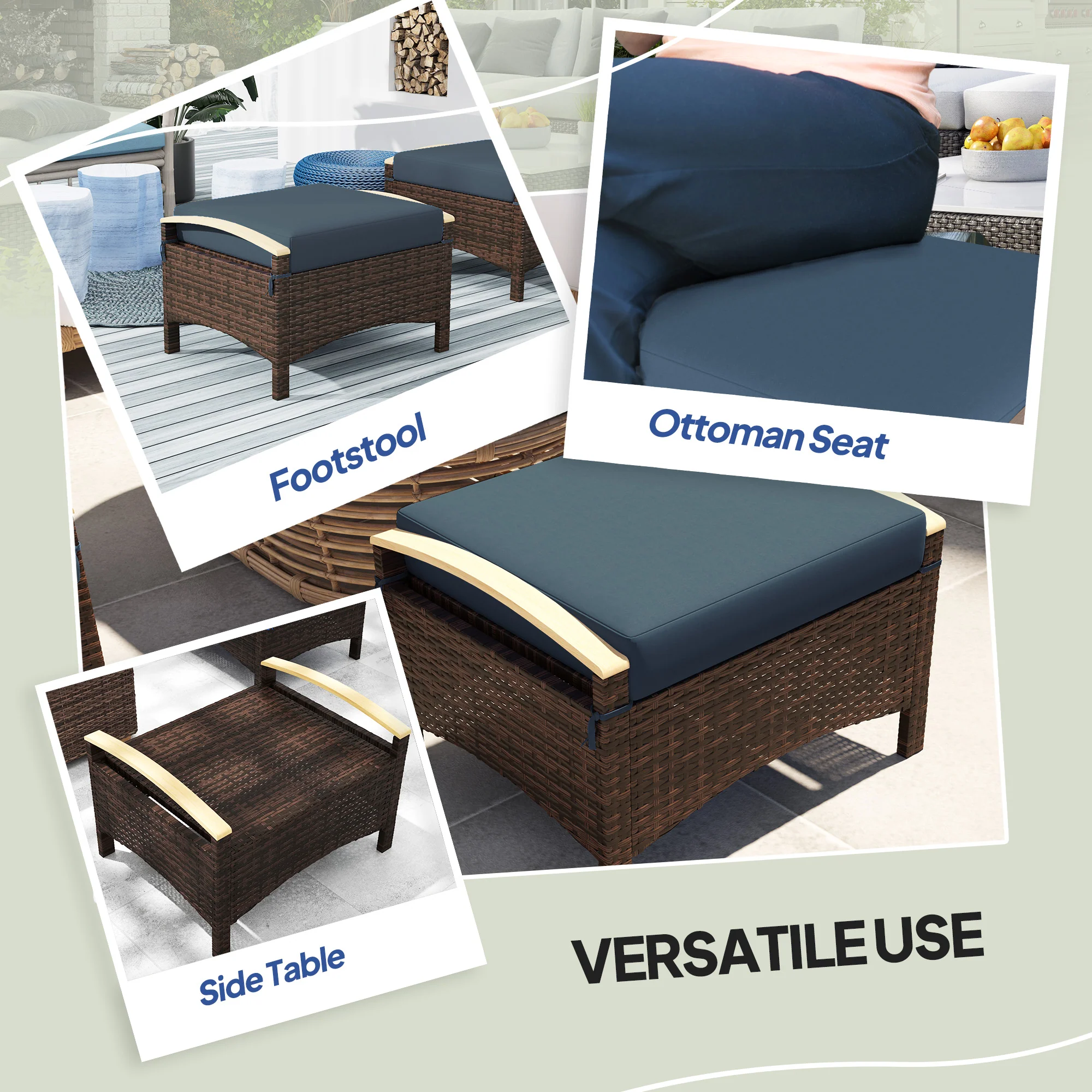 2 PC Outdoor Wicker Ottomans & Footstools with Removable Cushion for Backyard, Navy Blue - Image 9