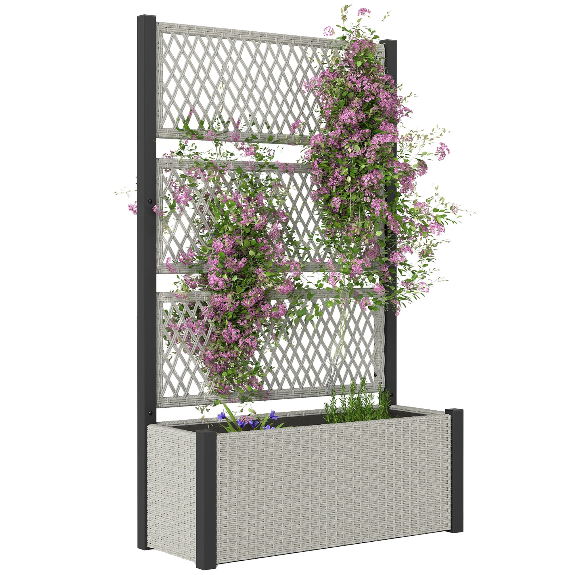 58" Wicker Outdoor Planter with Trellis and Privacy Screen, Mixed Grey