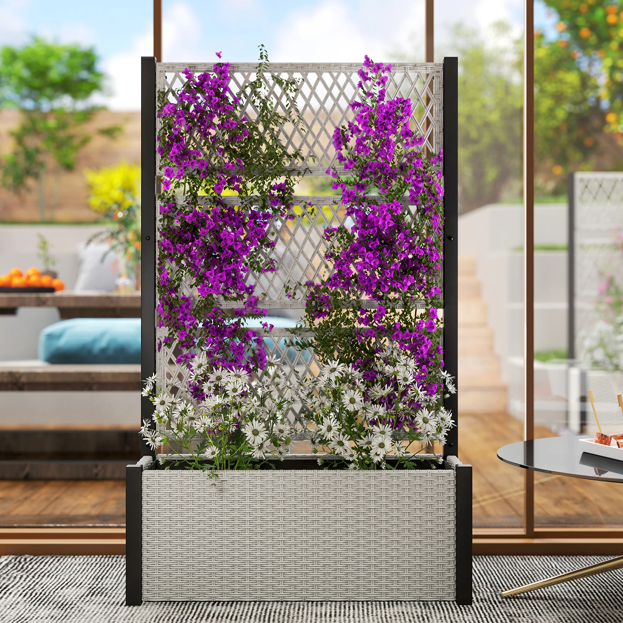 58" Wicker Outdoor Planter with Trellis and Privacy Screen, Mixed Grey - Image 11