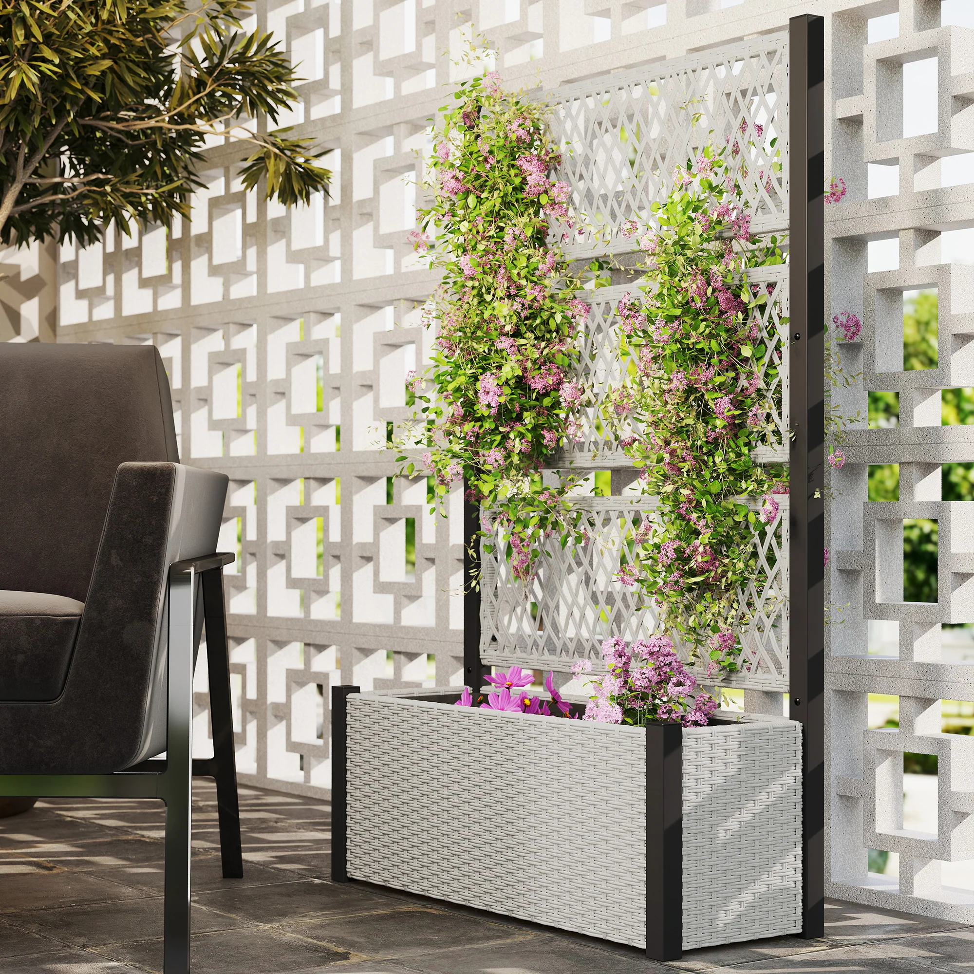 58" Wicker Outdoor Planter with Trellis and Privacy Screen, Mixed Grey - Image 3