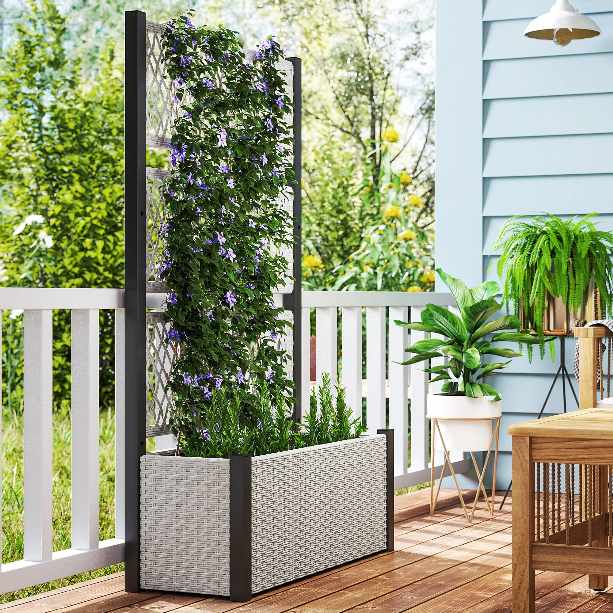 58" Wicker Outdoor Planter with Trellis and Privacy Screen, Mixed Grey - Image 4