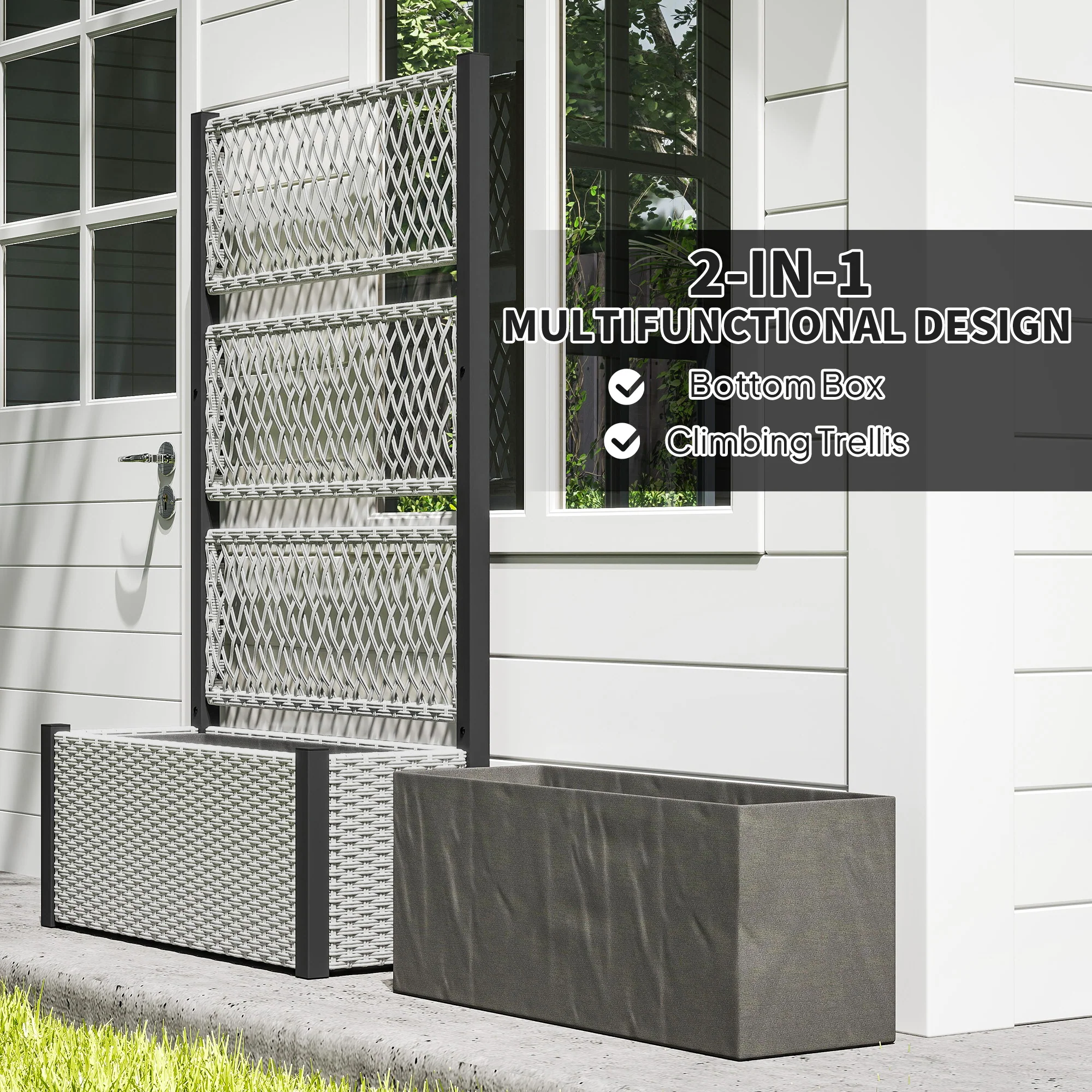 58" Wicker Outdoor Planter with Trellis and Privacy Screen, Mixed Grey - Image 7