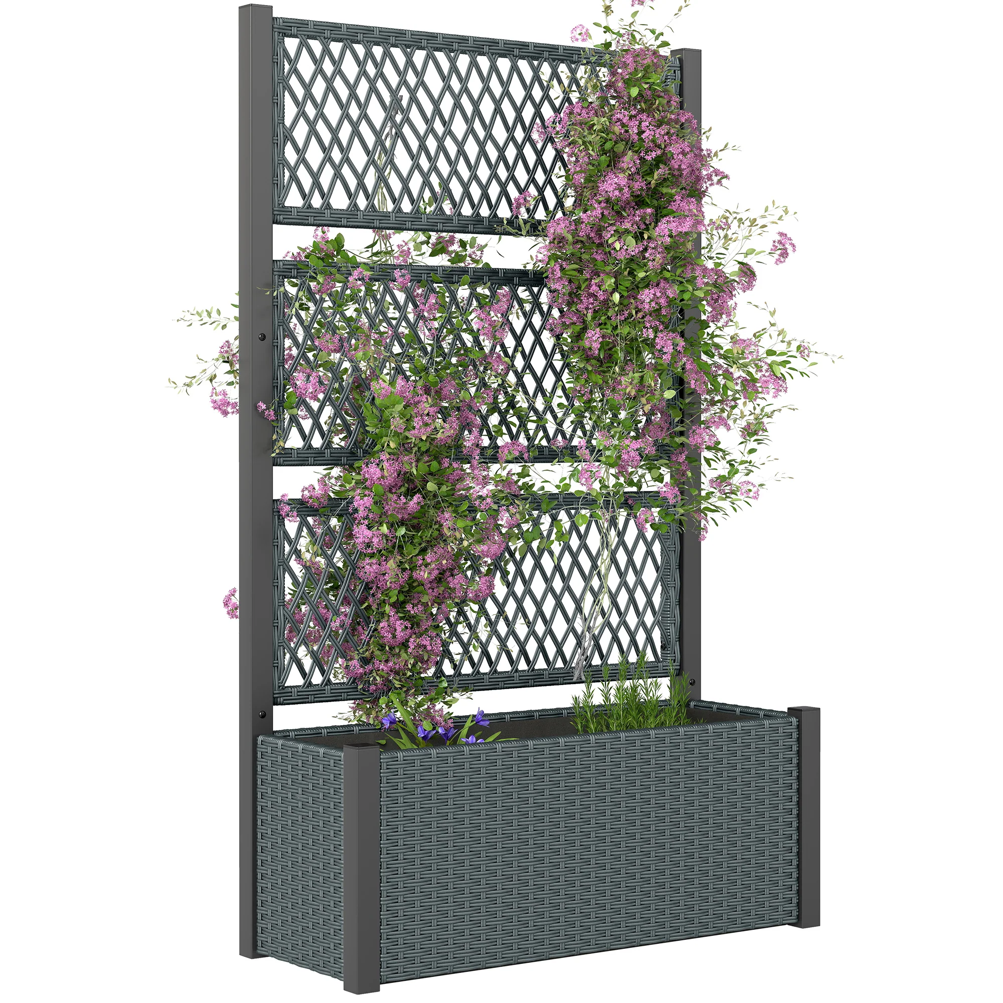 58" Wicker Outdoor Planter with Trellis and Privacy Screen, Dark Grey