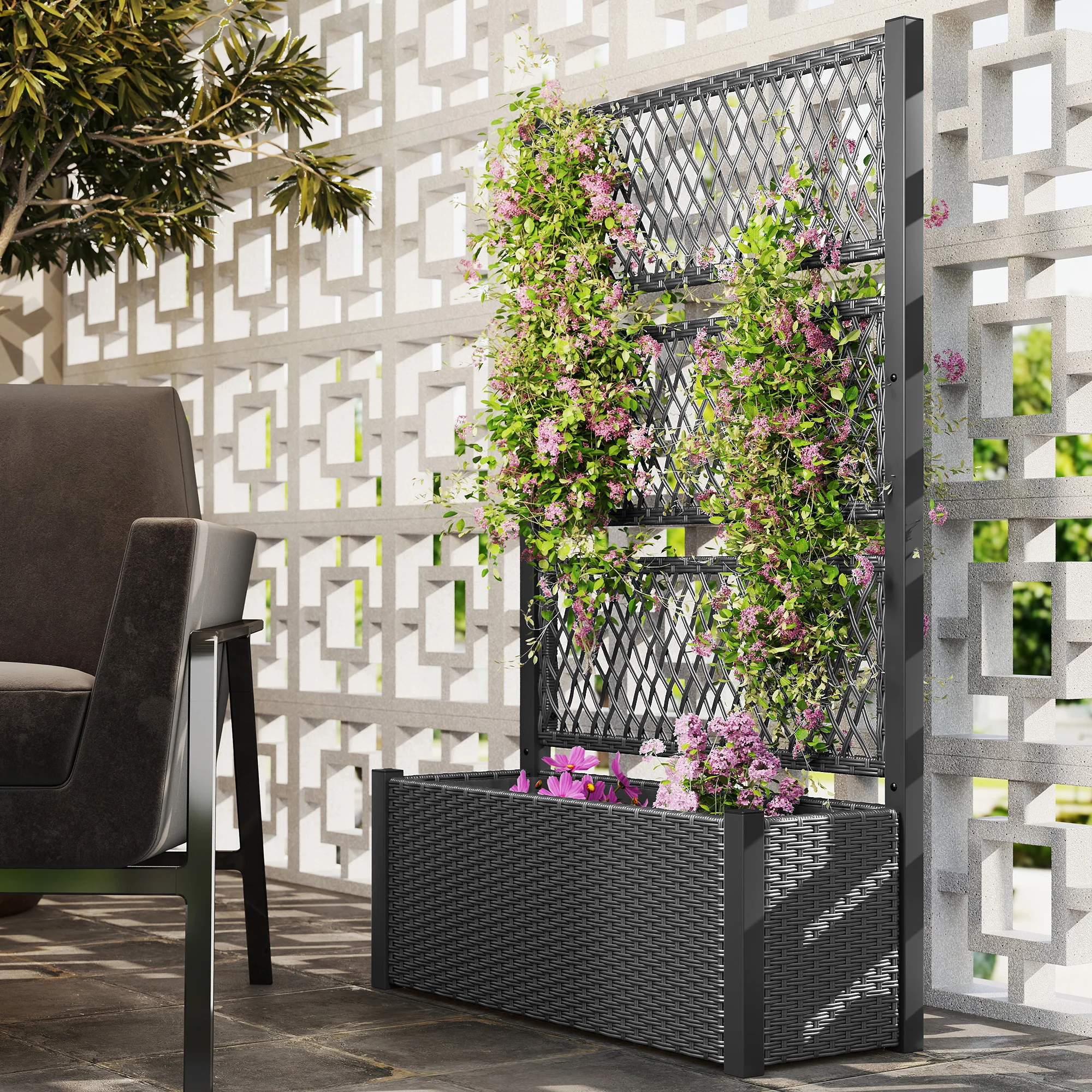 58" Wicker Outdoor Planter with Trellis and Privacy Screen, Dark Grey - Image 3