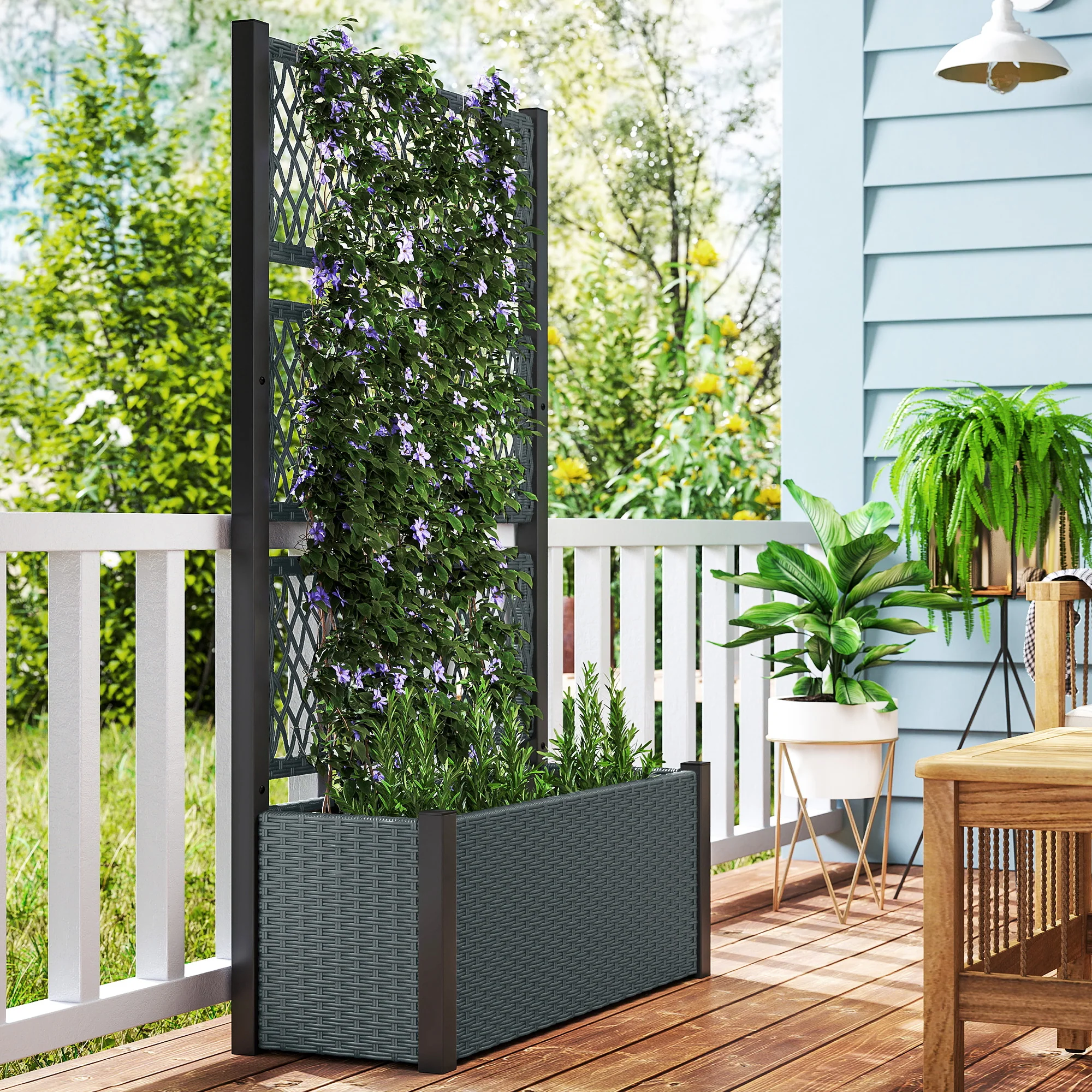 58" Wicker Outdoor Planter with Trellis and Privacy Screen, Dark Grey - Image 4