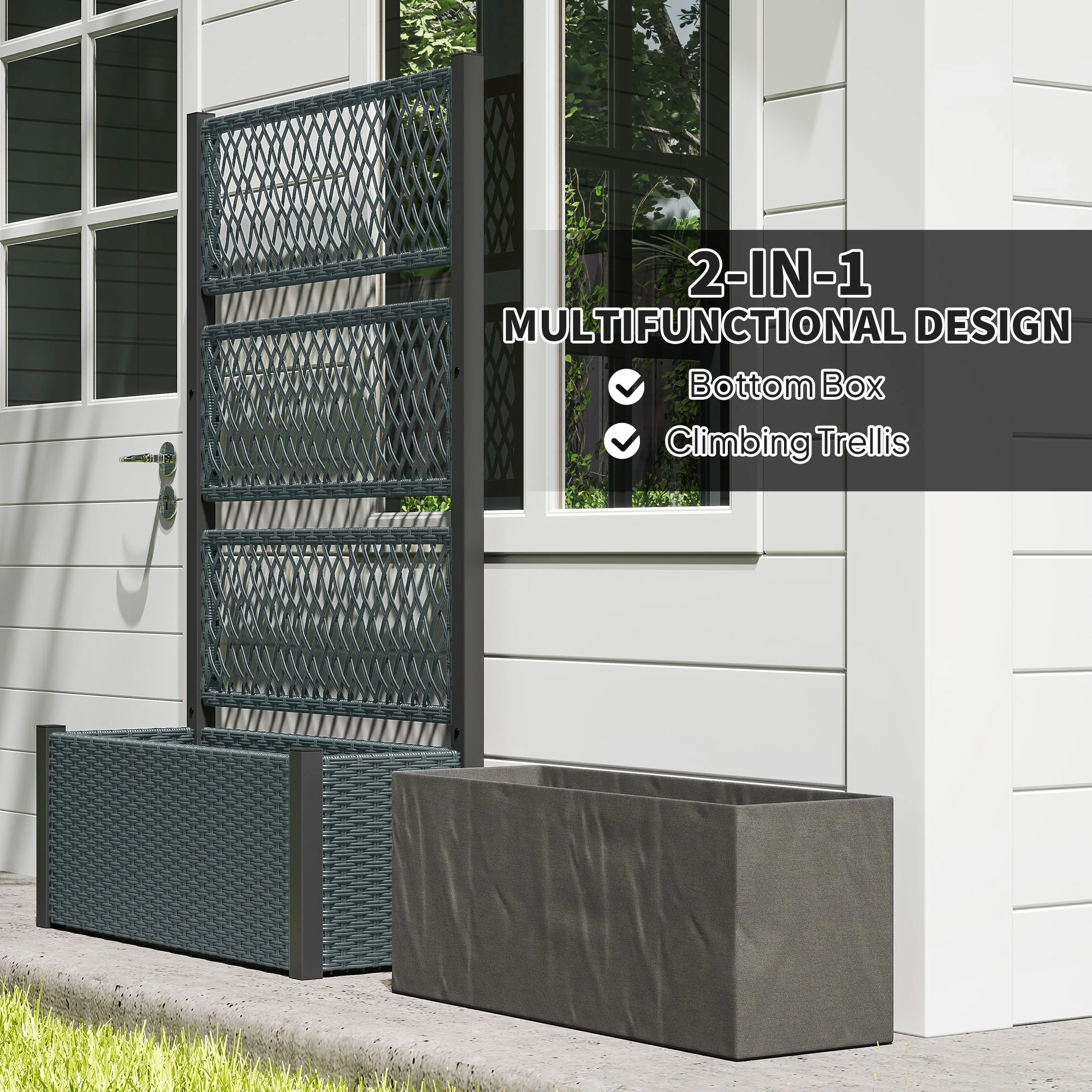 58" Wicker Outdoor Planter with Trellis and Privacy Screen, Dark Grey - Image 7