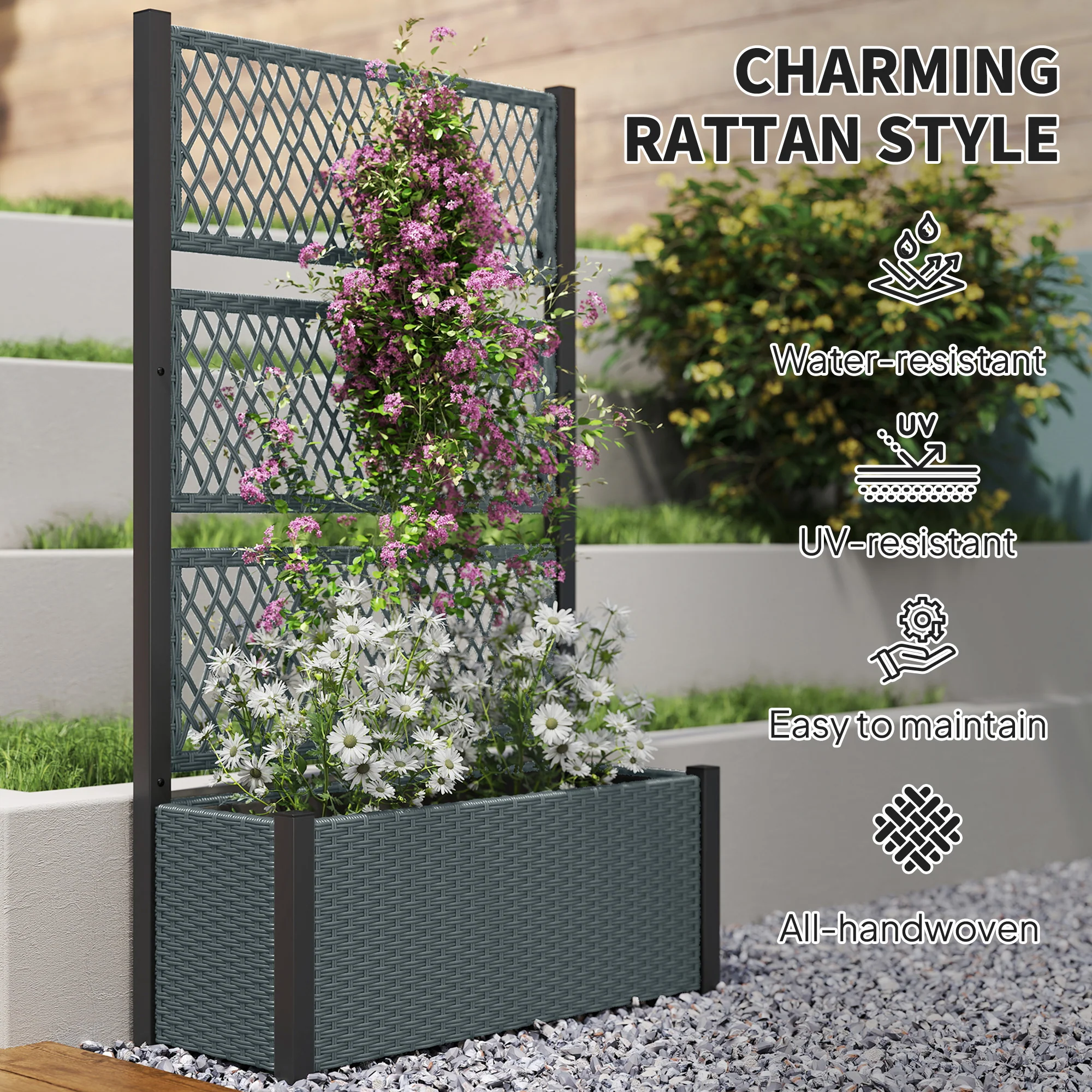 58" Wicker Outdoor Planter with Trellis and Privacy Screen, Dark Grey - Image 9