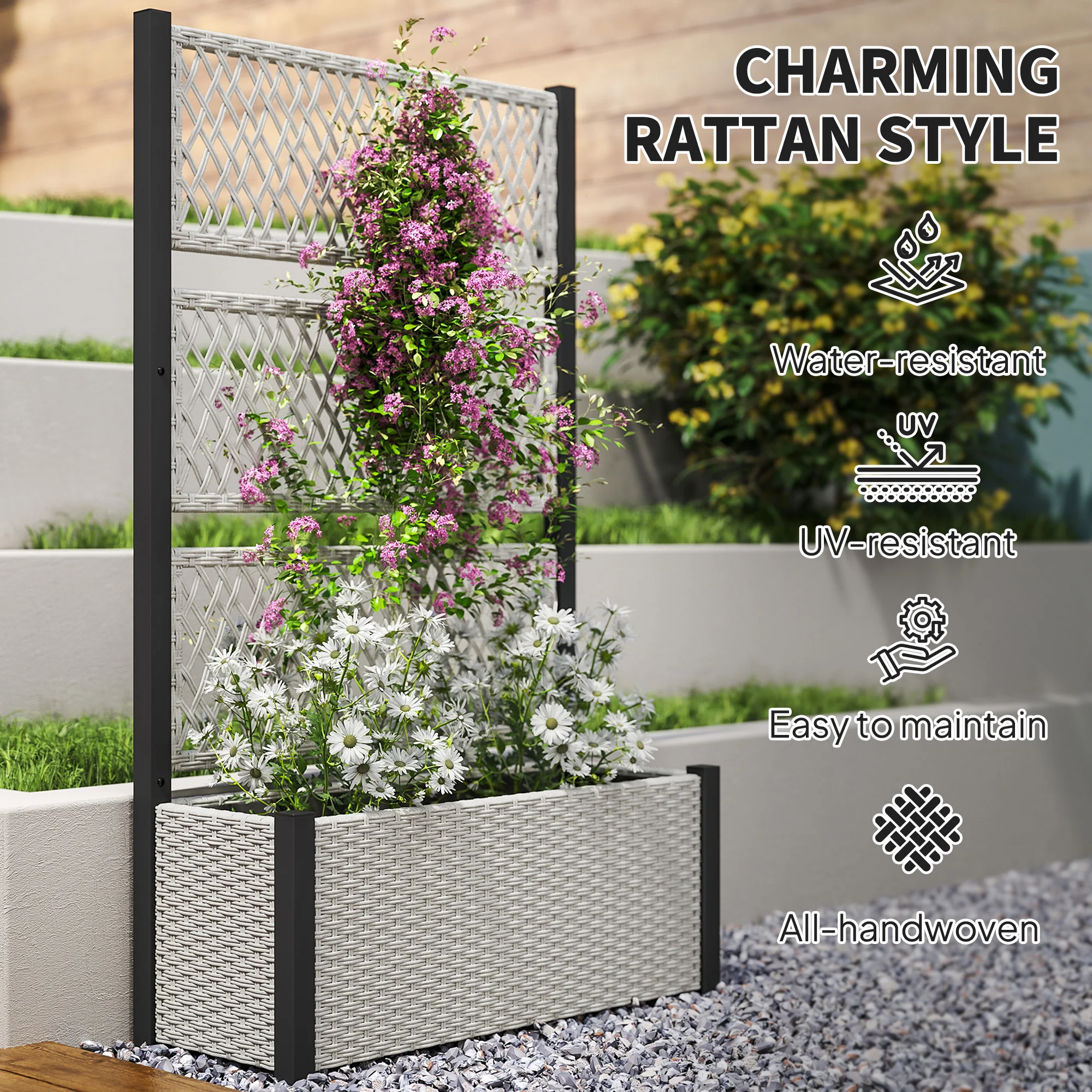 58" Wicker Outdoor Planter with Trellis and Privacy Screen, Mixed Grey - Image 9
