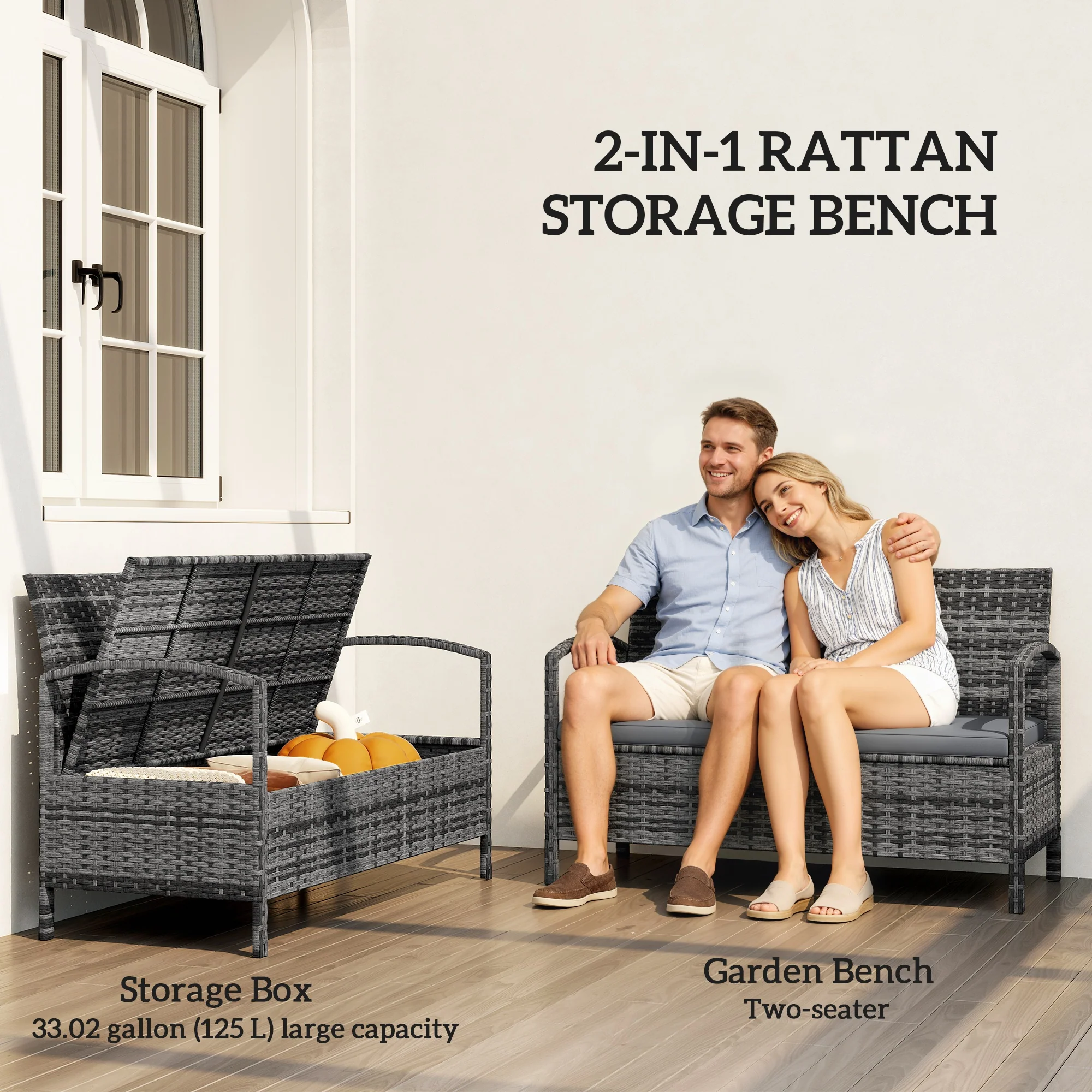 33 Gallon Wicker Outdoor Storage Bench with Cushion, Grey - Image 6