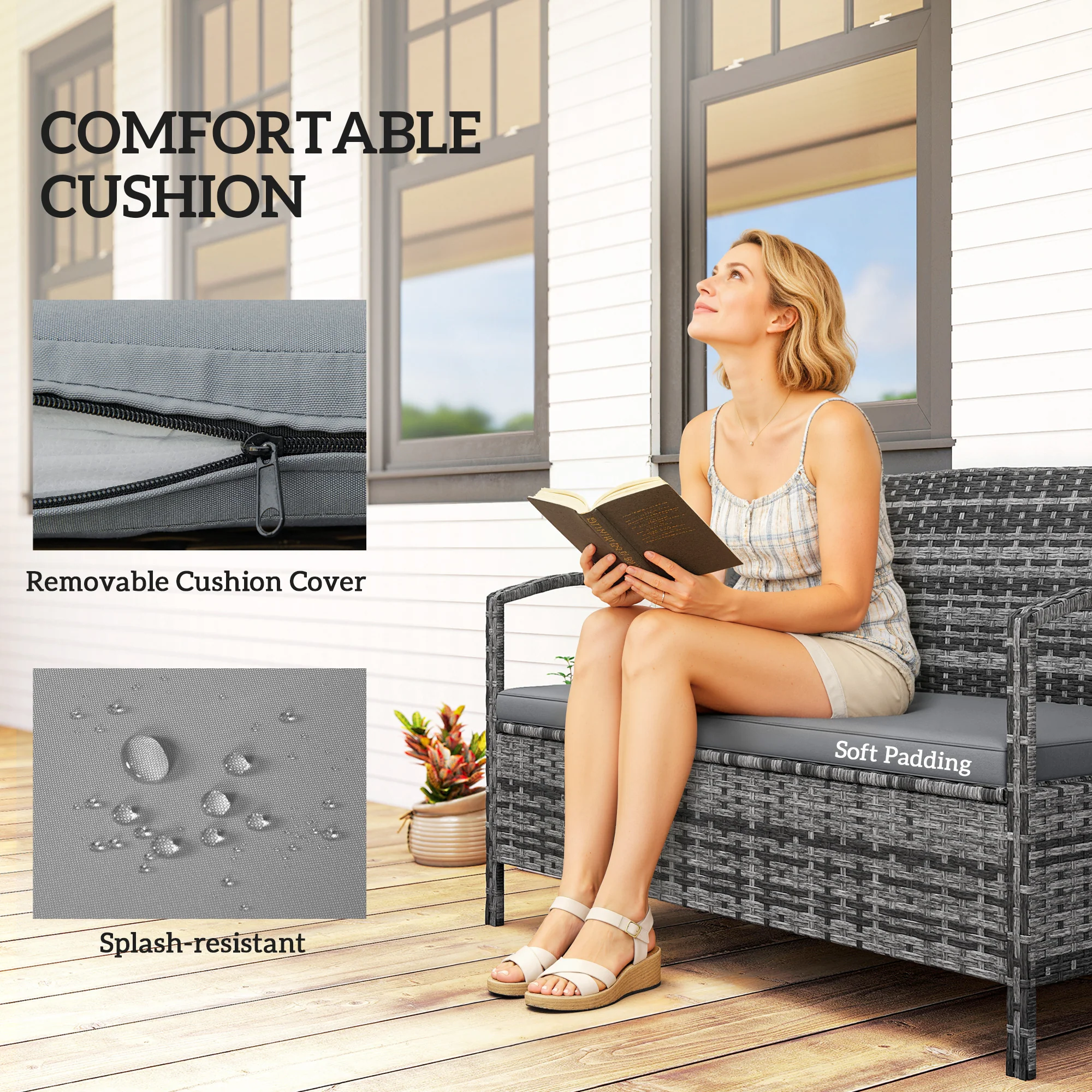 33 Gallon Wicker Outdoor Storage Bench with Cushion, Grey - Image 8