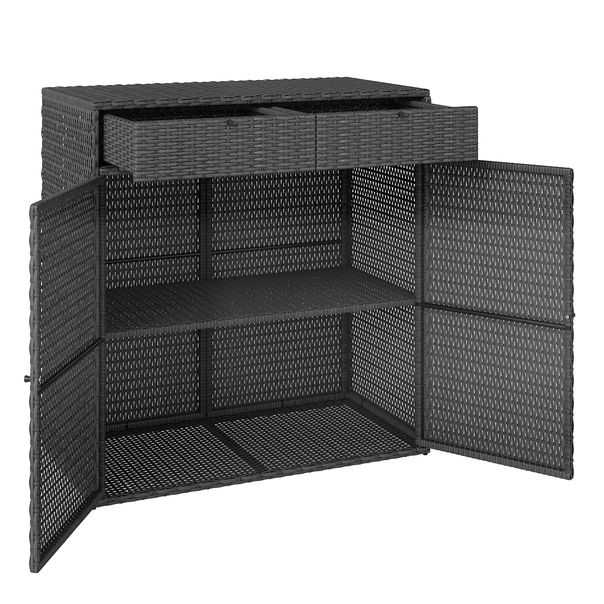 Wicker Outdoor Storage Cabinet with 2 Drawers and 2-Tier Shelves, Dark Grey