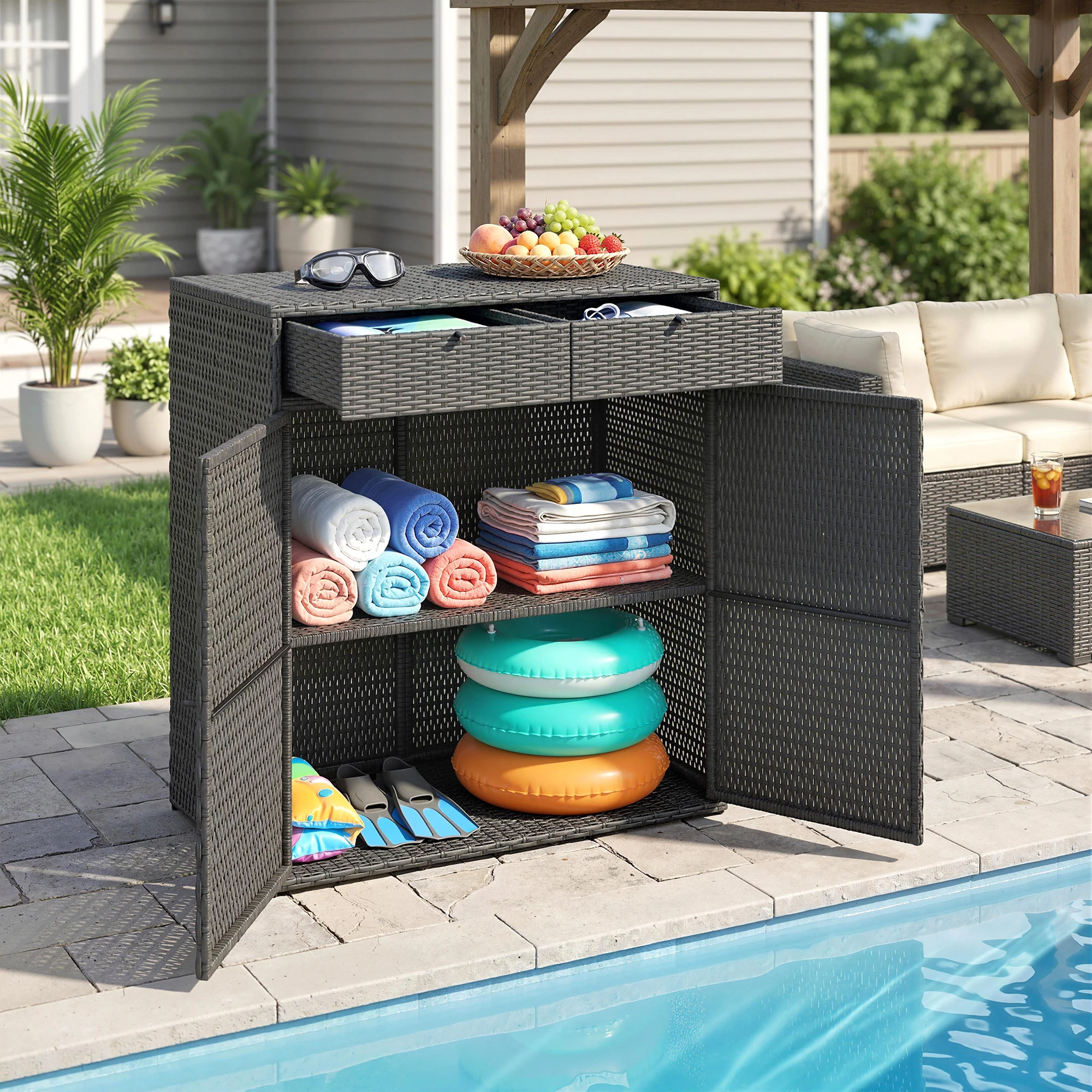 Wicker Outdoor Storage Cabinet with 2 Drawers and 2-Tier Shelves, Dark Grey - Image 10