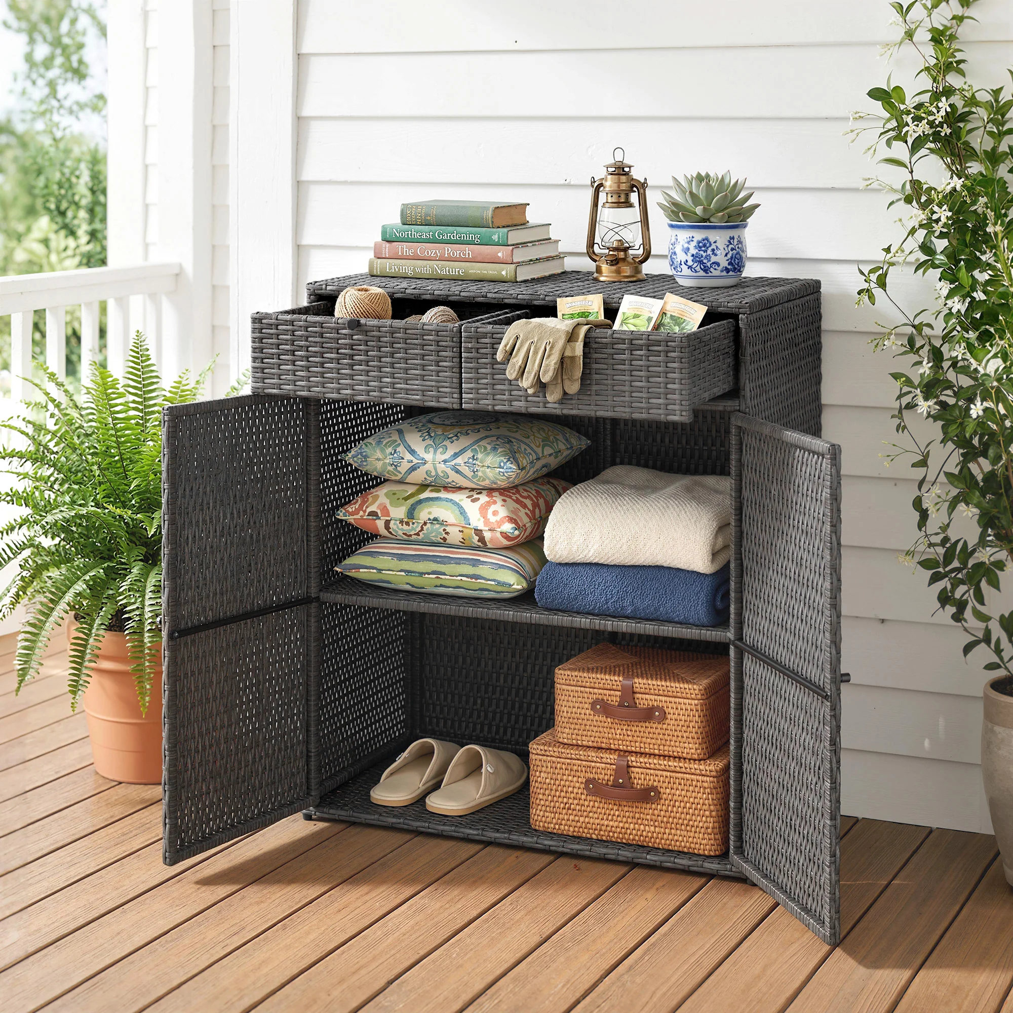 Wicker Outdoor Storage Cabinet with 2 Drawers and 2-Tier Shelves, Dark Grey - Image 11