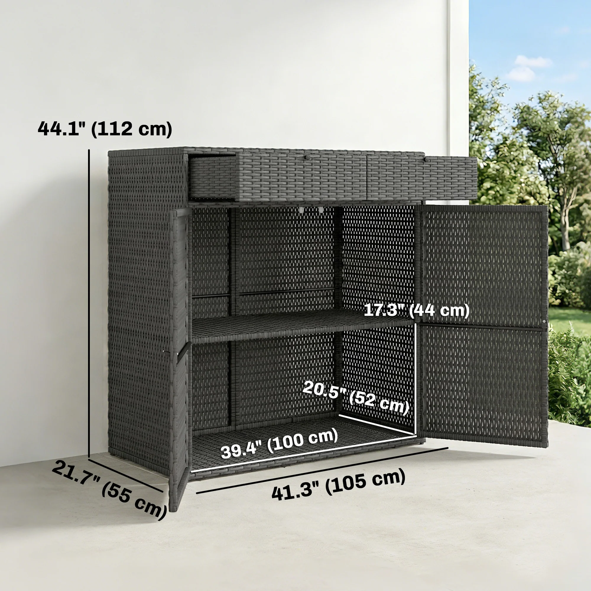 Wicker Outdoor Storage Cabinet with 2 Drawers and 2-Tier Shelves, Dark Grey - Image 5
