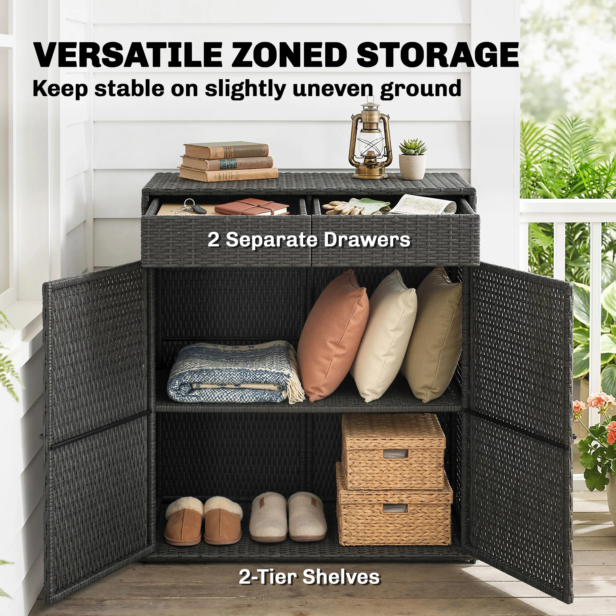 Wicker Outdoor Storage Cabinet with 2 Drawers and 2-Tier Shelves, Dark Grey - Image 6