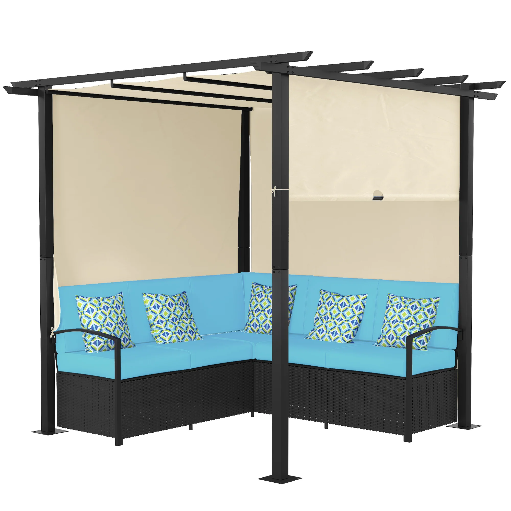 Outdoor Rattan Sofa Set with Retractable Canopy for Deck and Pool, Turquoise