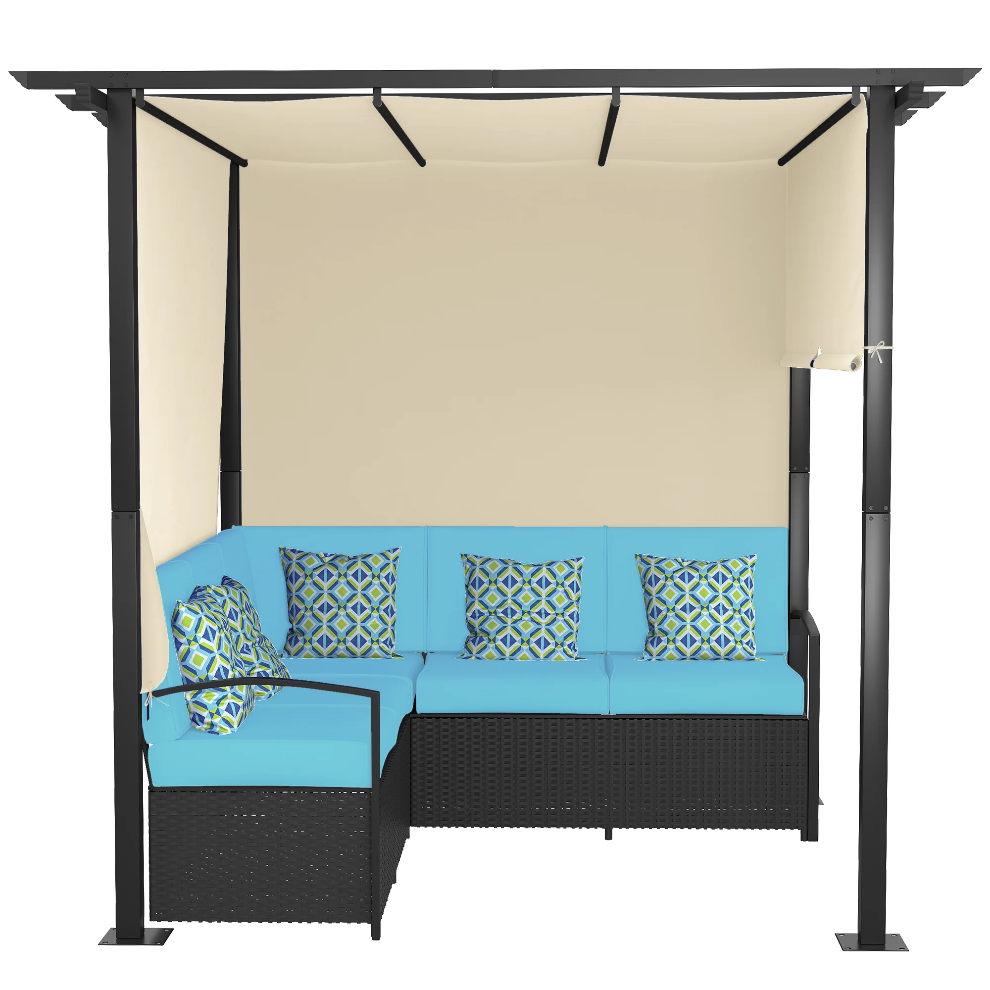 Outdoor Rattan Sofa Set with Retractable Canopy for Deck and Pool, Turquoise - Image 2