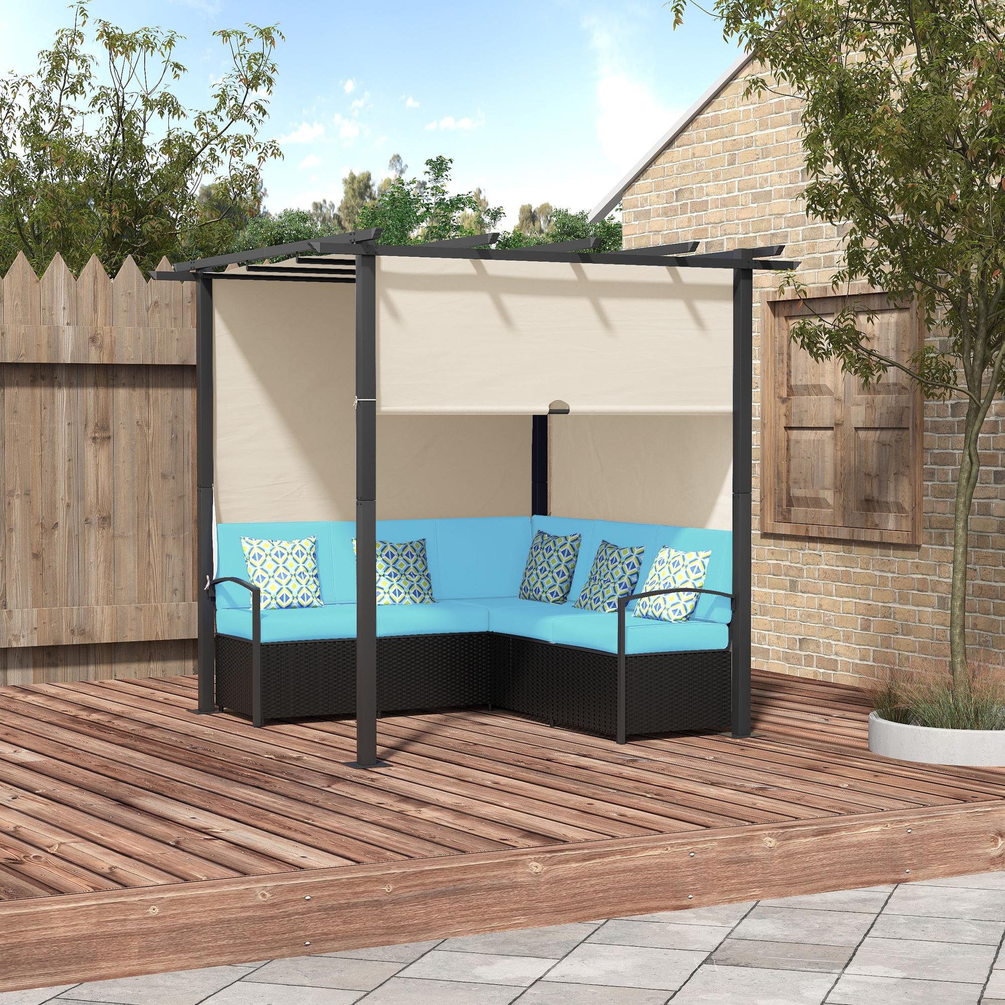 Outdoor Rattan Sofa Set with Retractable Canopy for Deck and Pool, Turquoise - Image 3