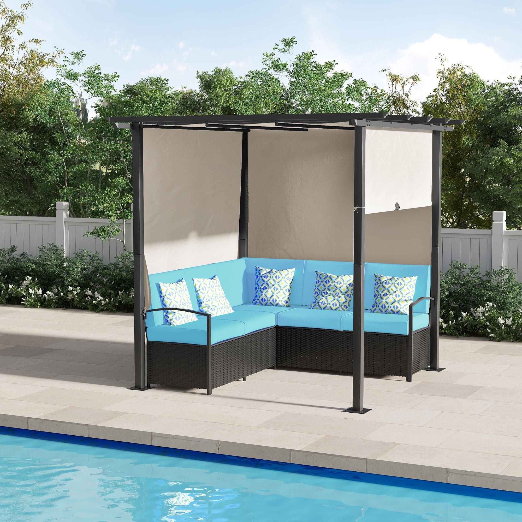 Outdoor Rattan Sofa Set with Retractable Canopy for Deck and Pool, Turquoise - Image 4