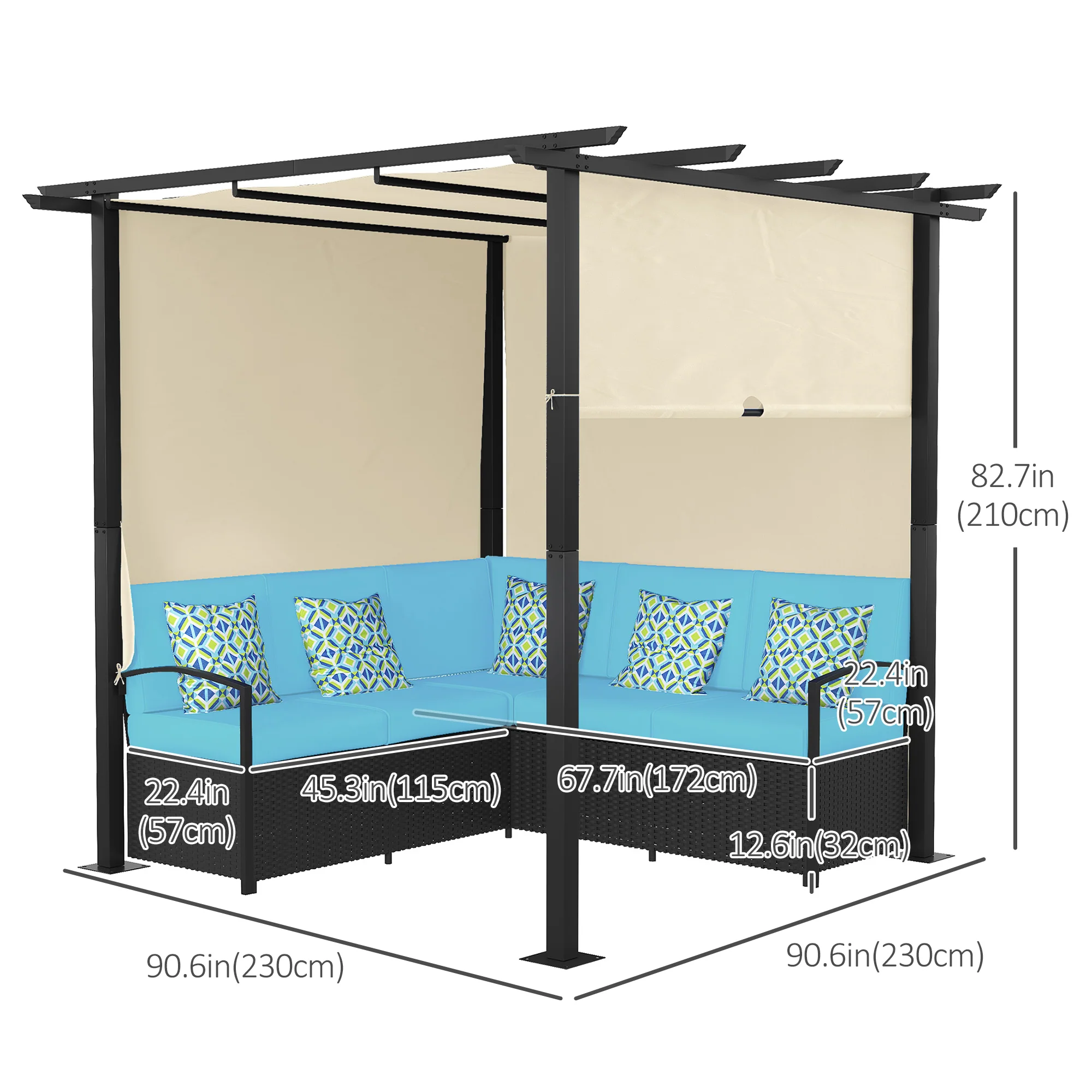 Outdoor Rattan Sofa Set with Retractable Canopy for Deck and Pool, Turquoise - Image 5