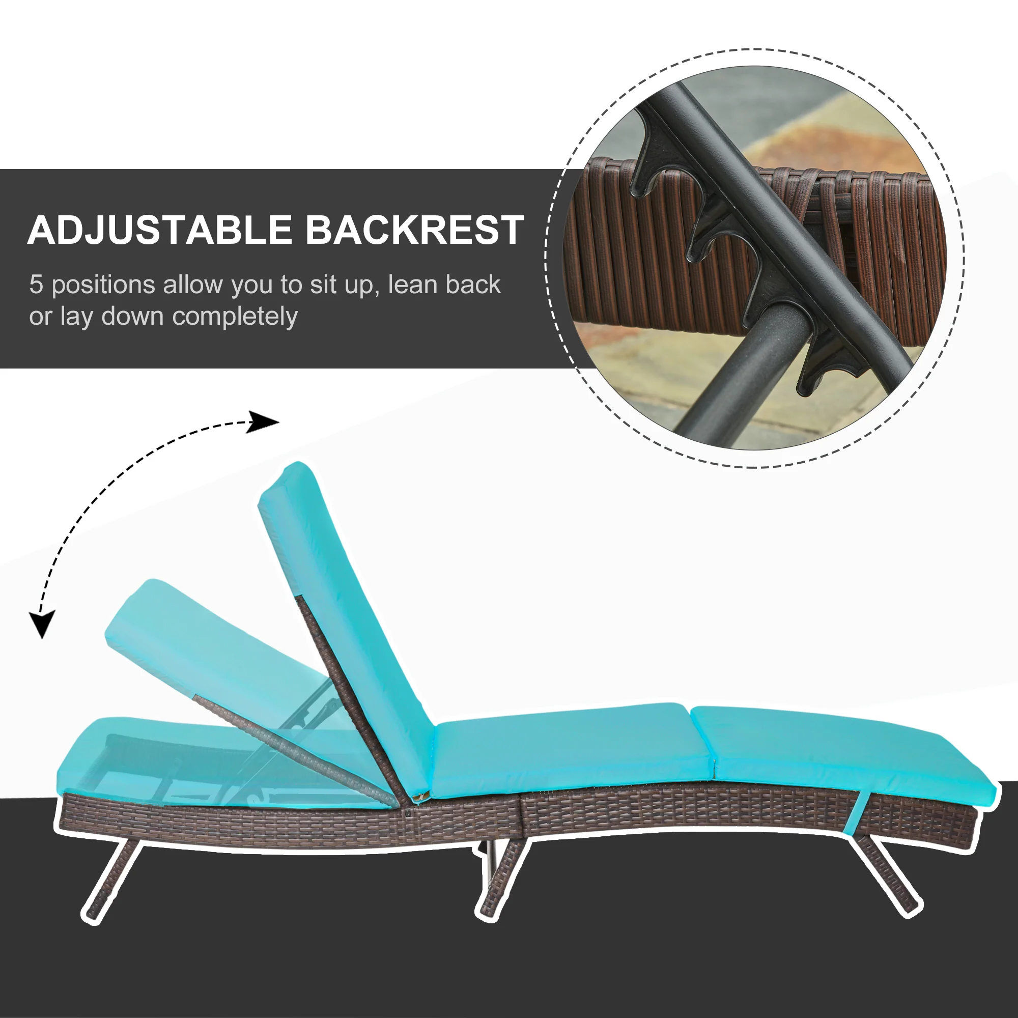 Outdoor Wicker Recliners Lounge Chair w/ 5-Level Adjustable Backrest, Cushion, Turquoise - Image 6