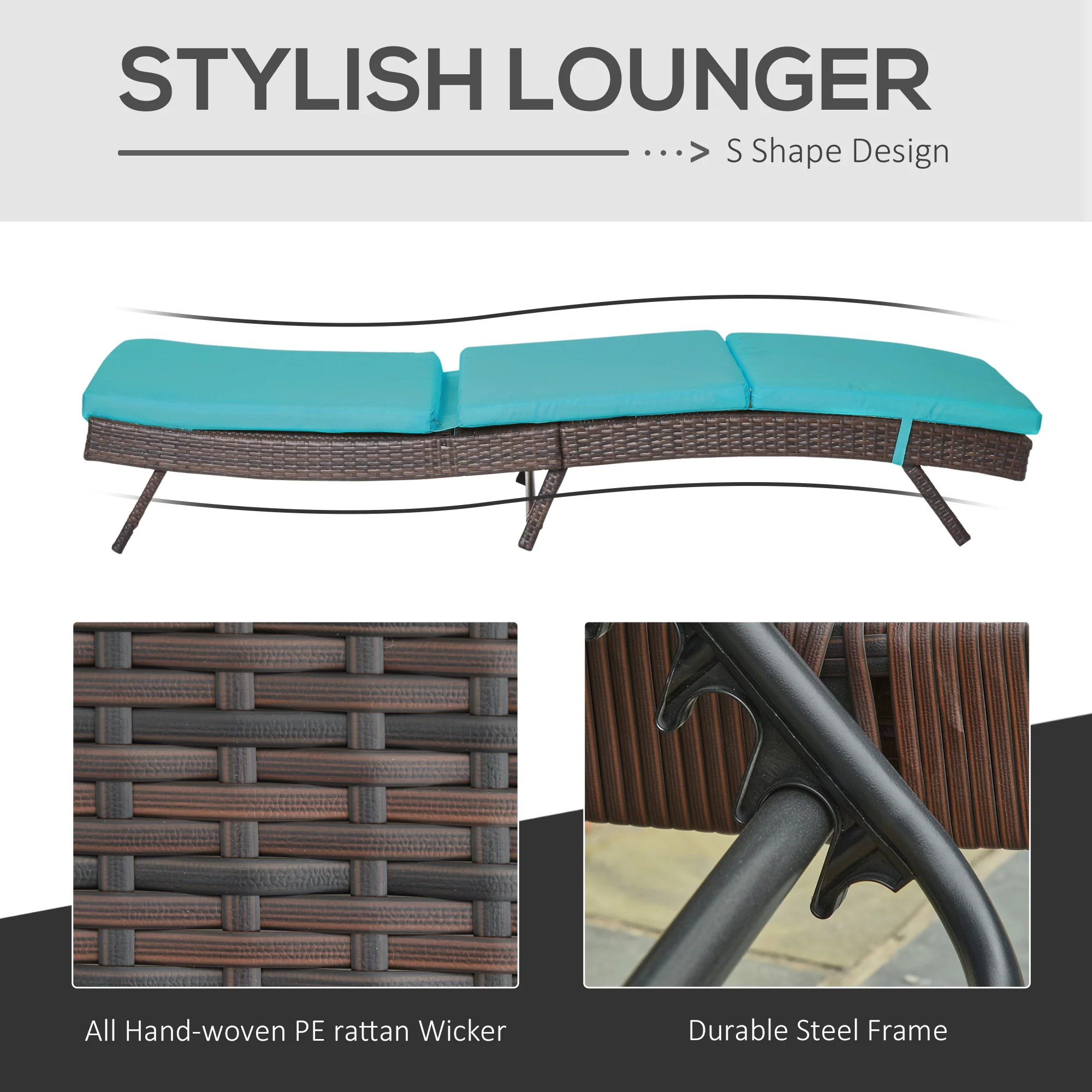 Outdoor Wicker Recliners Lounge Chair w/ 5-Level Adjustable Backrest, Cushion, Turquoise - Image 8