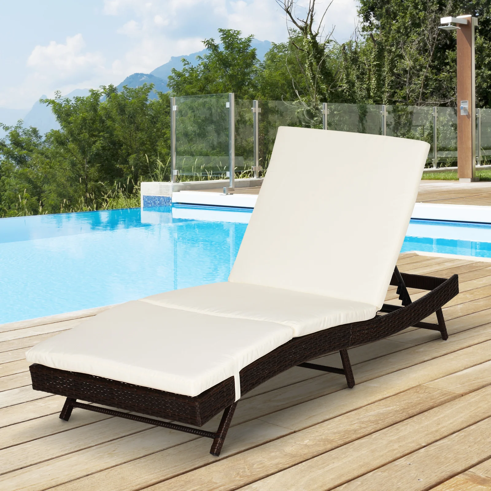 Outdoor Wicker Recliners Lounge Chair w/ 5-Level Adjustable Backrest, Cushion, Cream White - Image 3