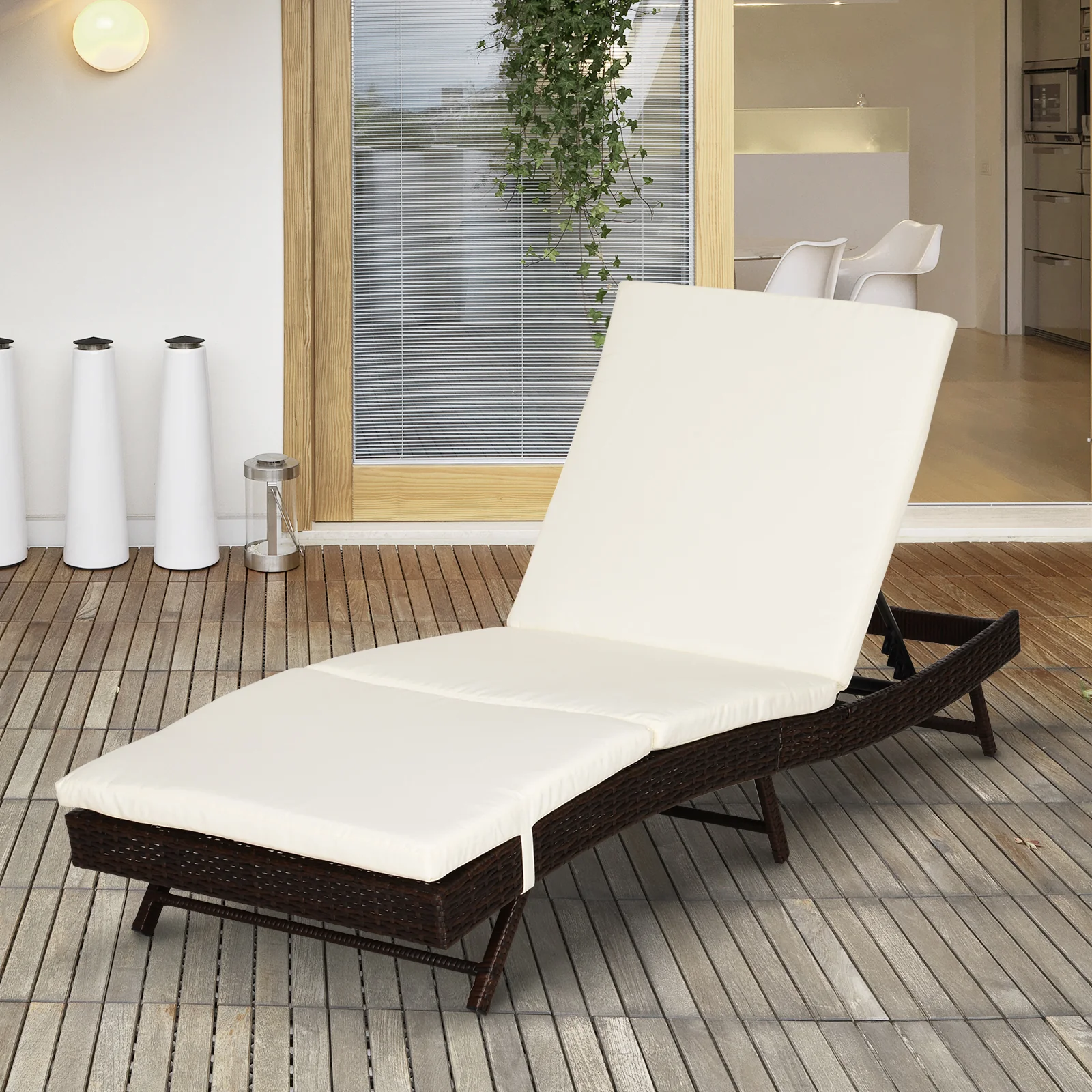 Outdoor Wicker Recliners Lounge Chair w/ 5-Level Adjustable Backrest, Cushion, Cream White - Image 4