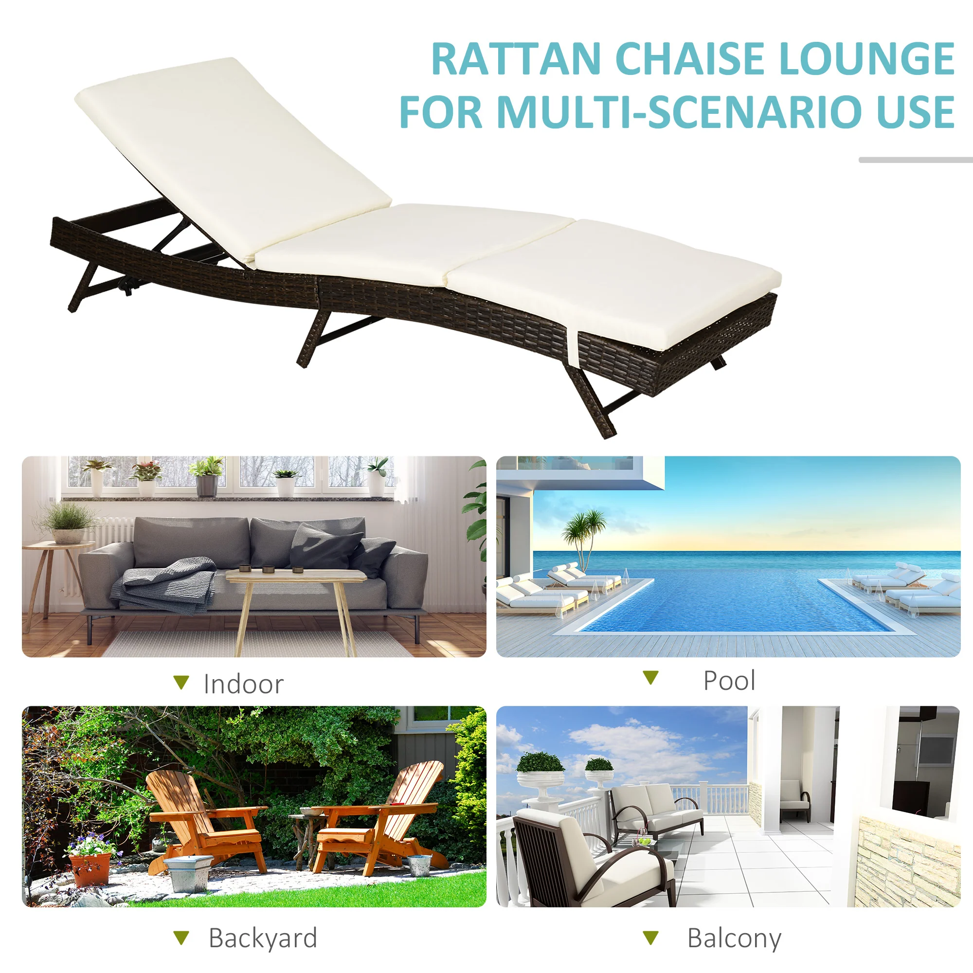 Outdoor Wicker Recliners Lounge Chair w/ 5-Level Adjustable Backrest, Cushion, Cream White - Image 9