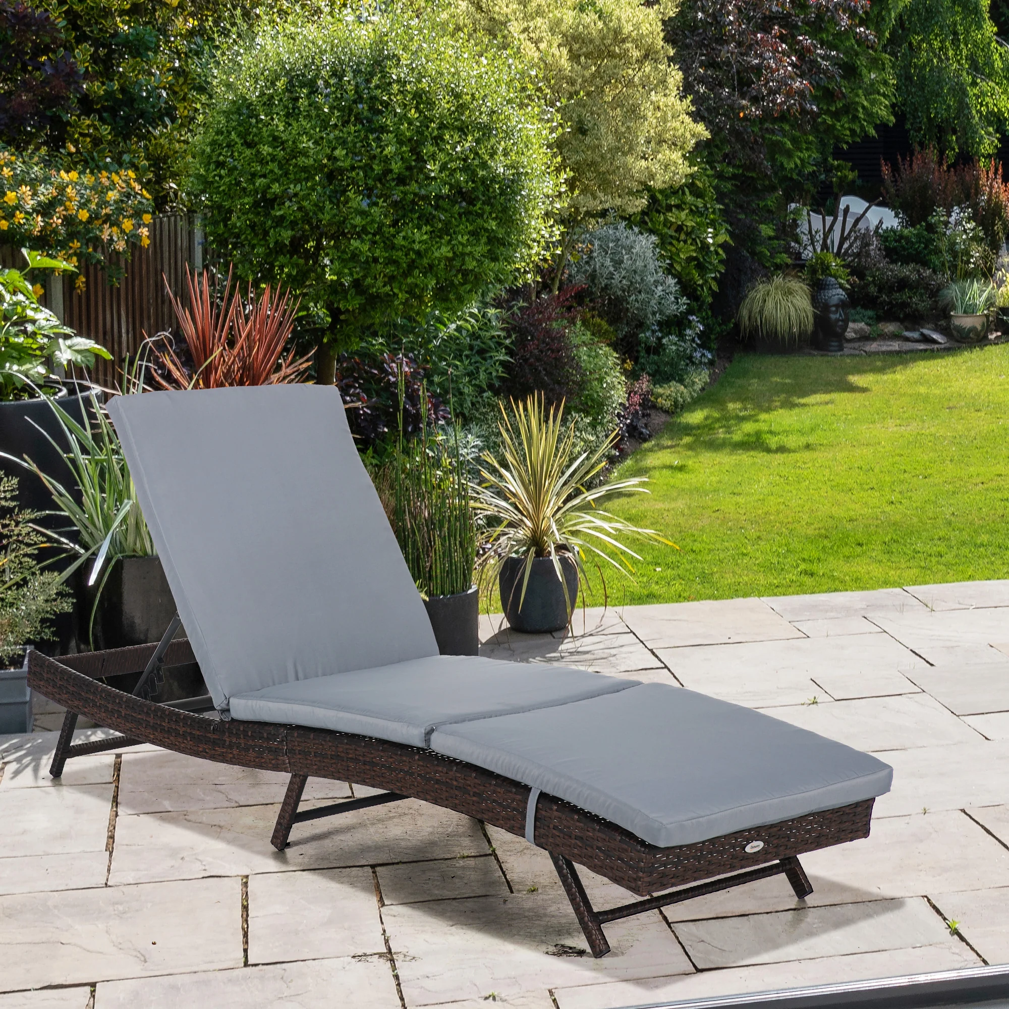 Outdoor Wicker Recliners Lounge Chair w/ 5-Level Adjustable Backrest, Cushion, Grey - Image 4