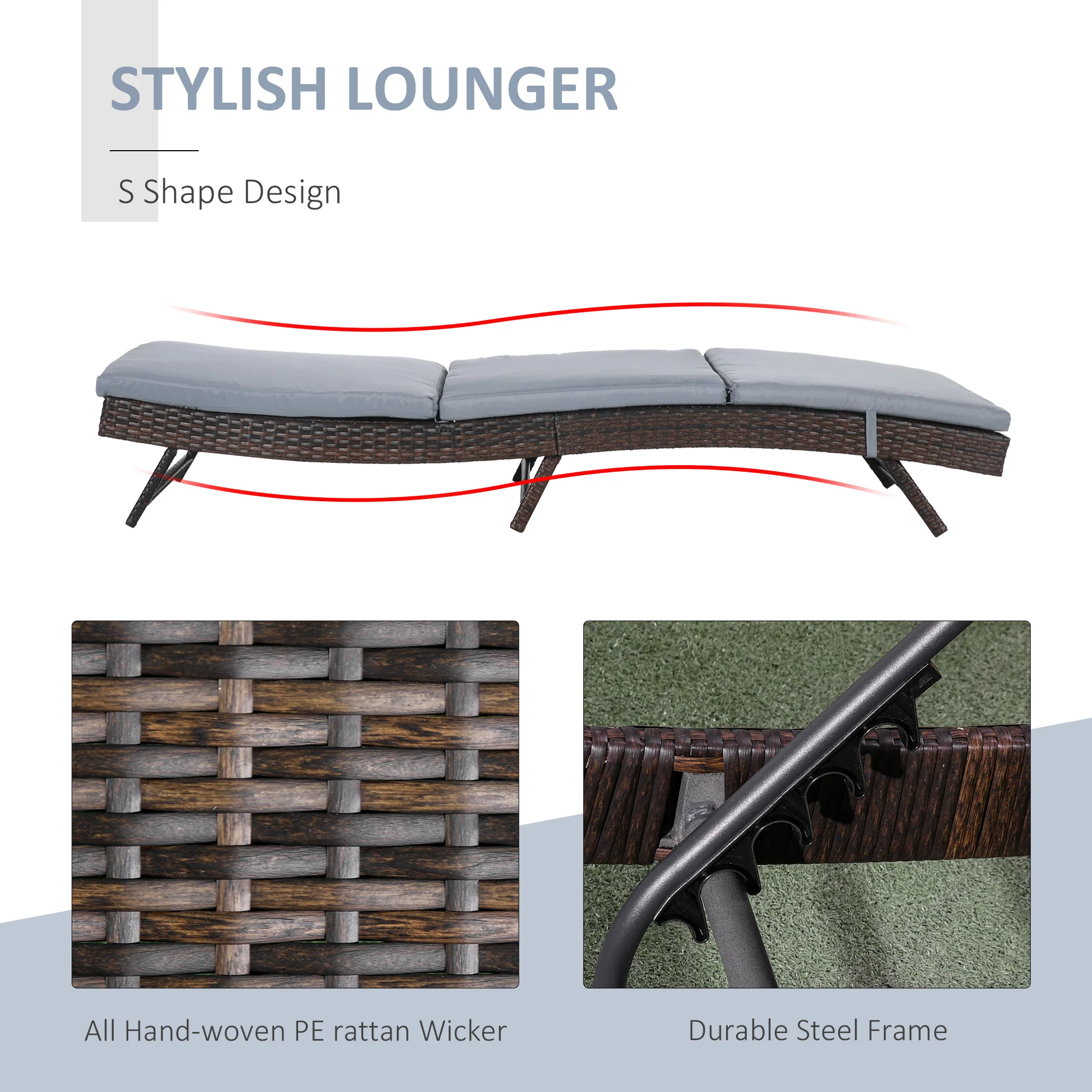 Outdoor Wicker Recliners Lounge Chair w/ 5-Level Adjustable Backrest, Cushion, Grey - Image 8