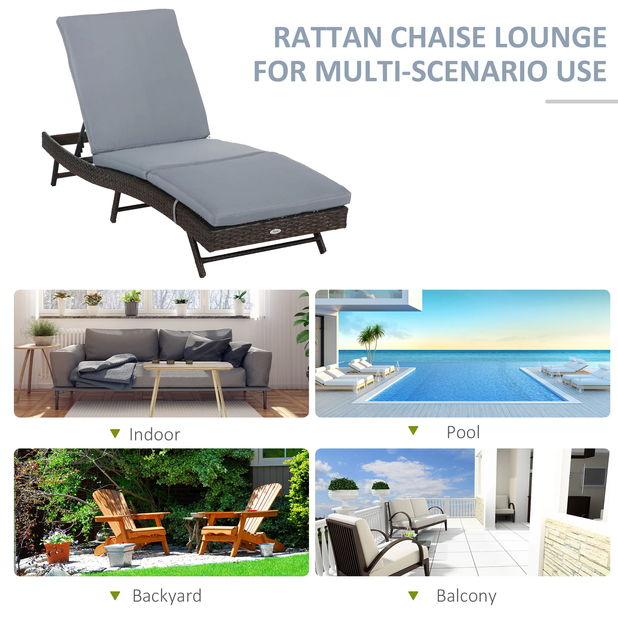 Outdoor Wicker Recliners Lounge Chair w/ 5-Level Adjustable Backrest, Cushion, Grey - Image 9