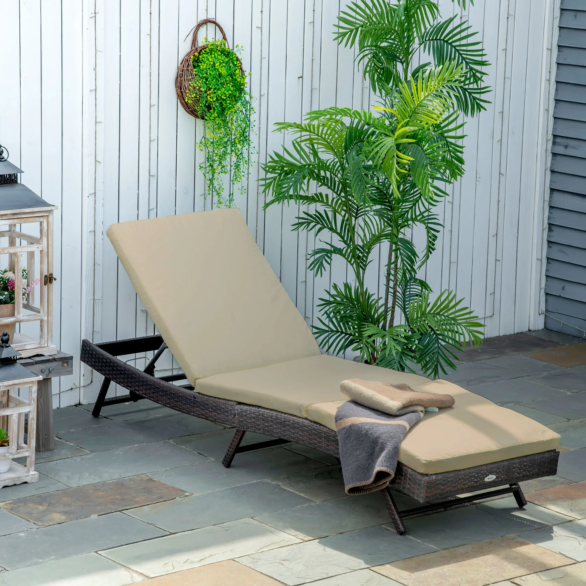 Outdoor Wicker Recliners Lounge Chair w/ 5-Level Adjustable Backrest, Cushion, Khaki - Image 3