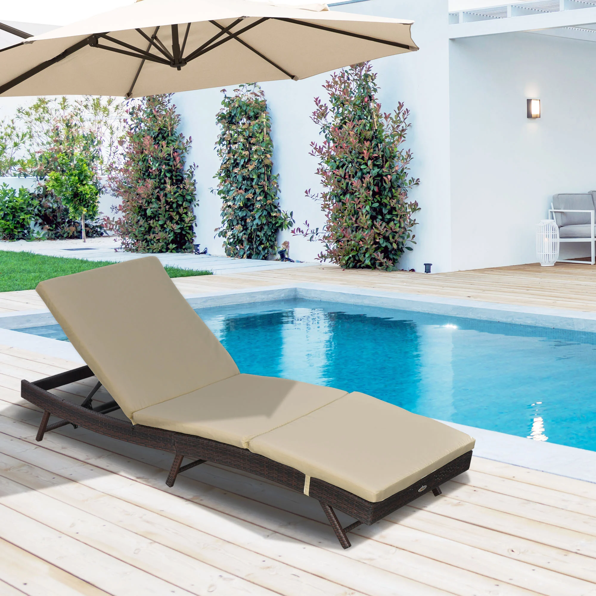 Outdoor Wicker Recliners Lounge Chair w/ 5-Level Adjustable Backrest, Cushion, Khaki - Image 4