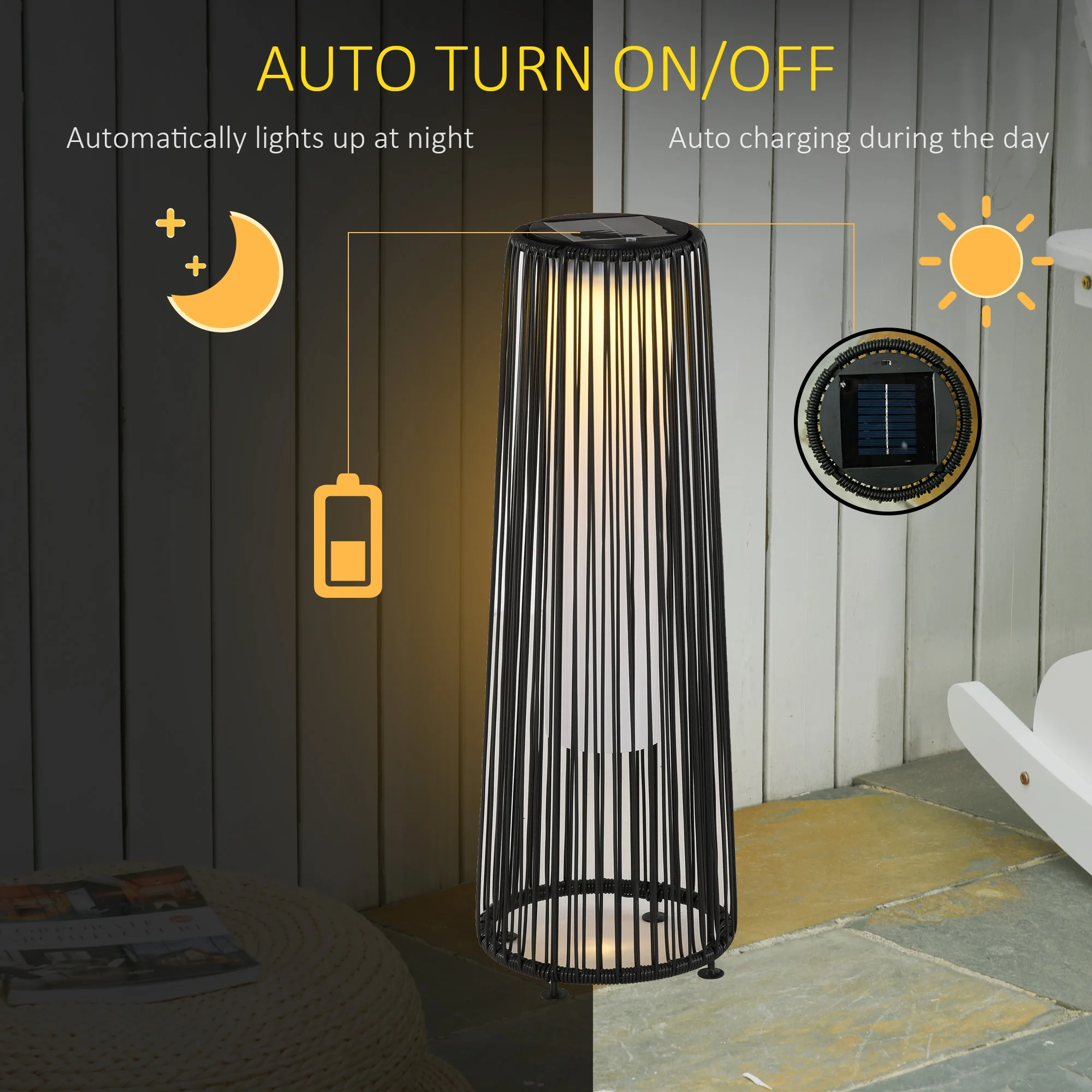 24" Wicker Solar Floor Lamp with Auto On/Off LED Lights, Black - Image 6