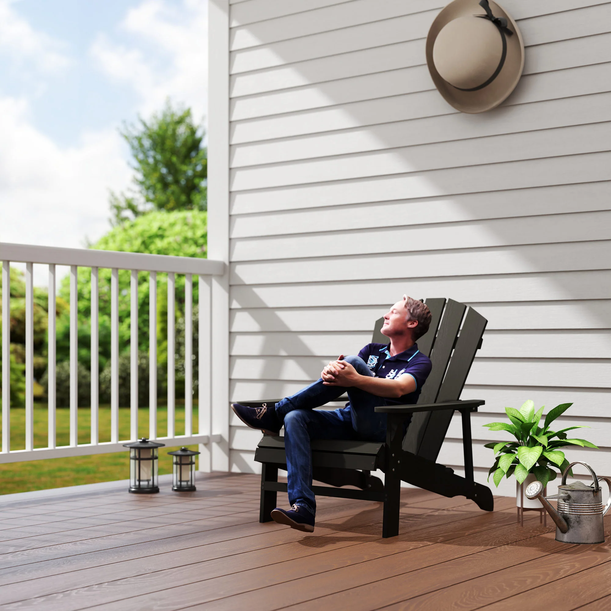 Wood Adirondack Muskoka Chair with Slatted Design for Deck, Garden, Backyard, Black - Image 10