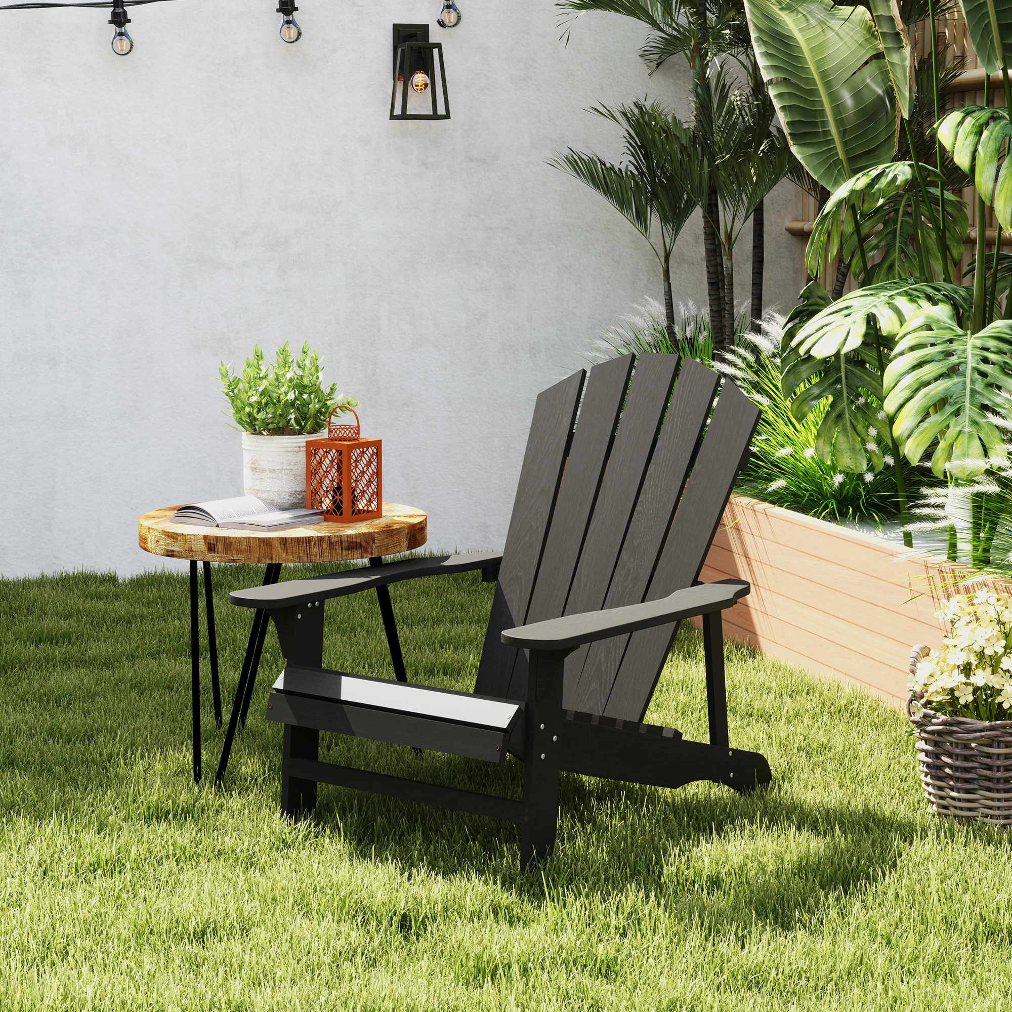 Wood Adirondack Muskoka Chair with Slatted Design for Deck, Garden, Backyard, Black - Image 3