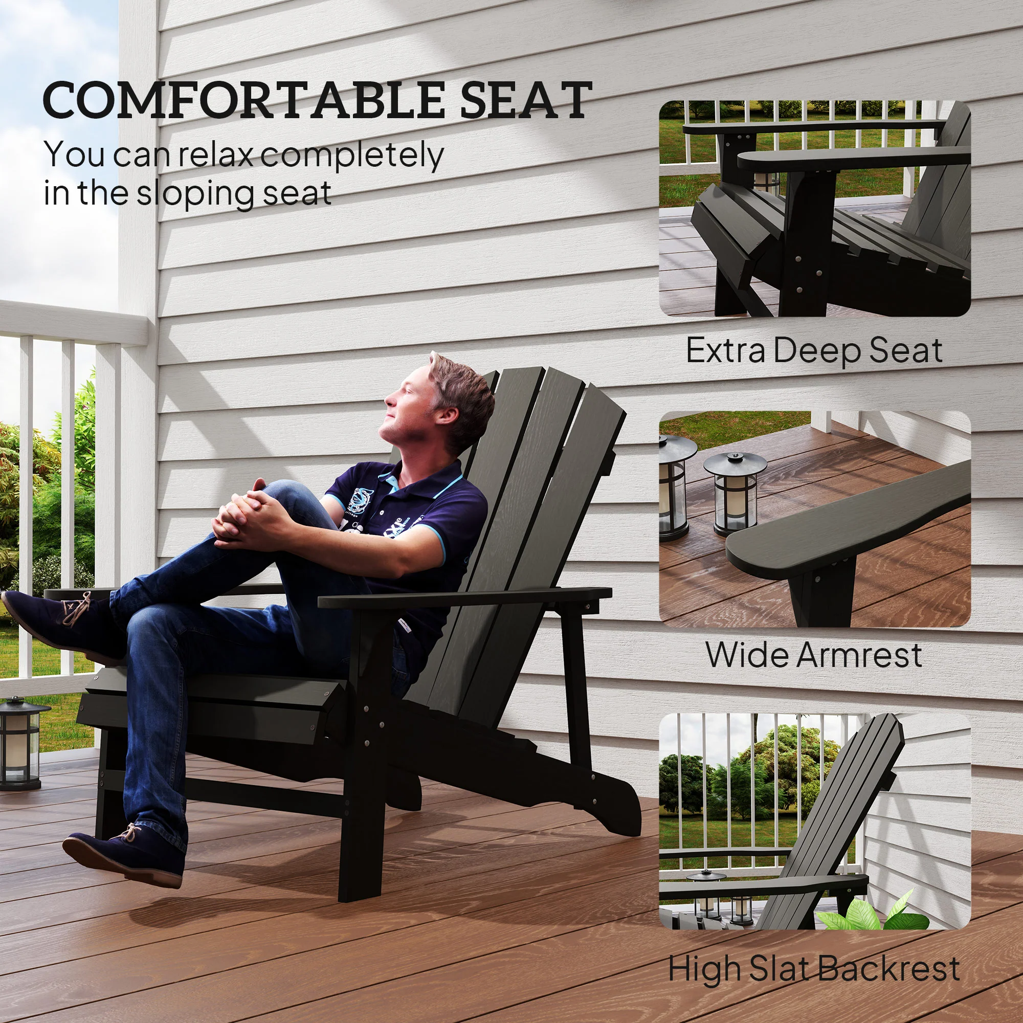 Wood Adirondack Muskoka Chair with Slatted Design for Deck, Garden, Backyard, Black - Image 8