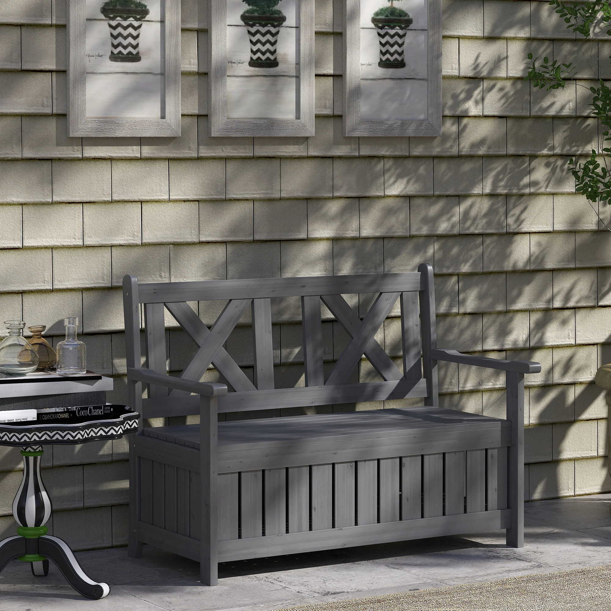 2 Seater Wooden Garden Bench with Storage Chest, High Backrest & Armrests, Charcoal Grey - Image 11