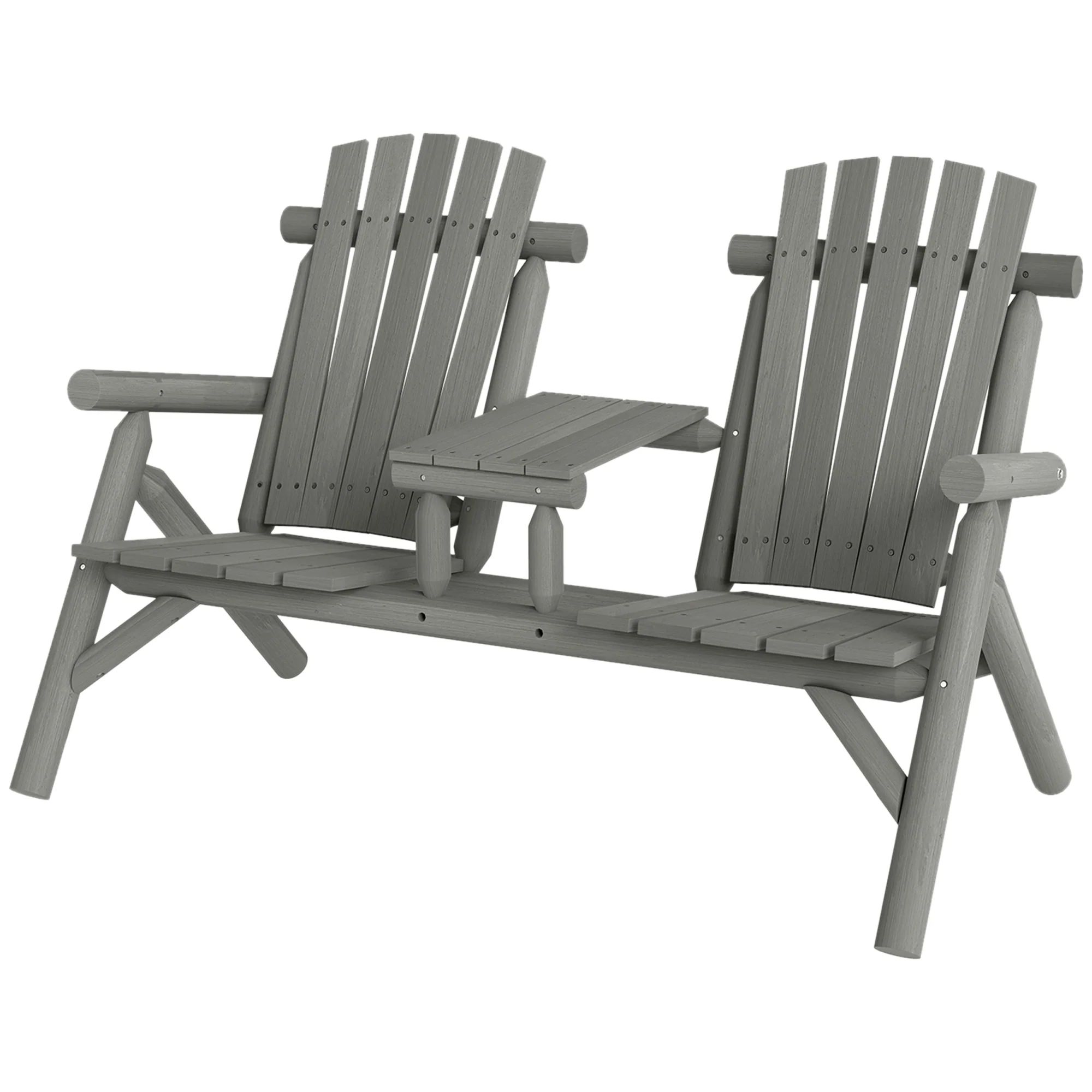 2 Seater Wooden Patio Chair with Centre Coffee Table, Garden Lounge Bench, Grey - Image 2